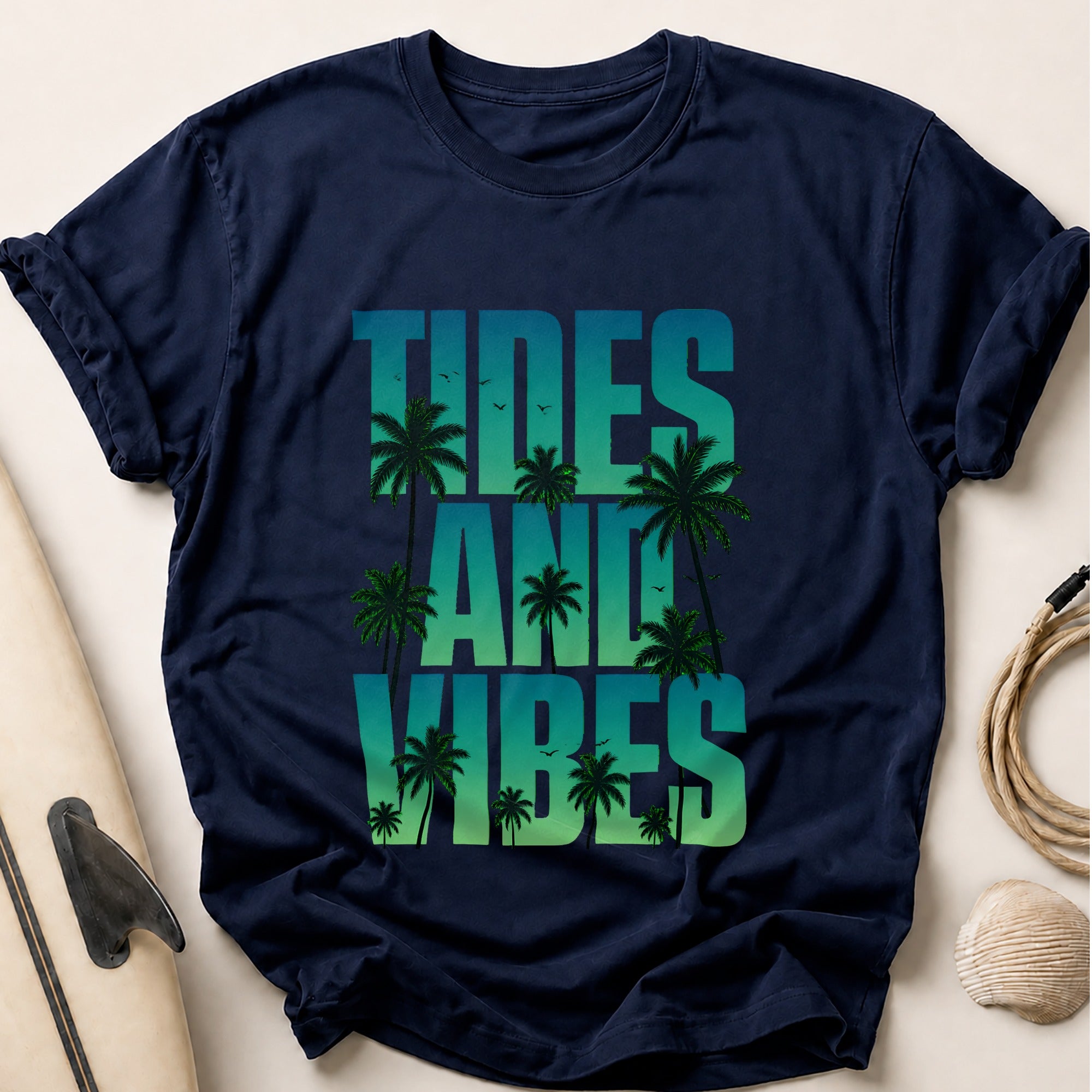 Tides and Vibes Tropical Beach Funny Tee - Navy
