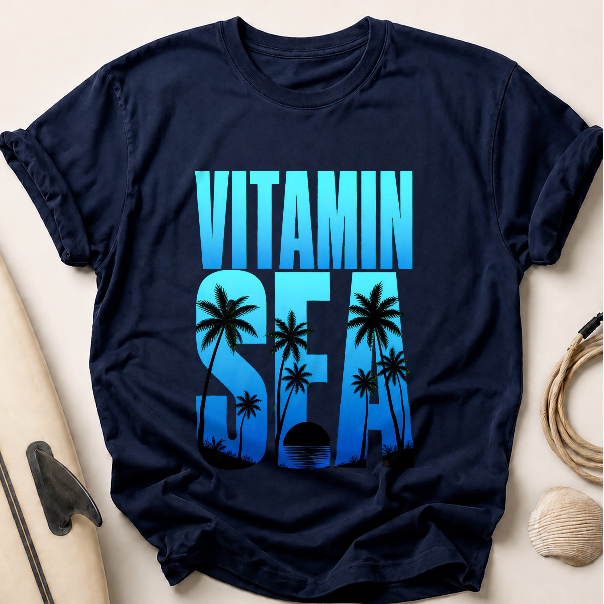 Vitamin Sol Palm Trees Sunset Funny Tee - Navy
