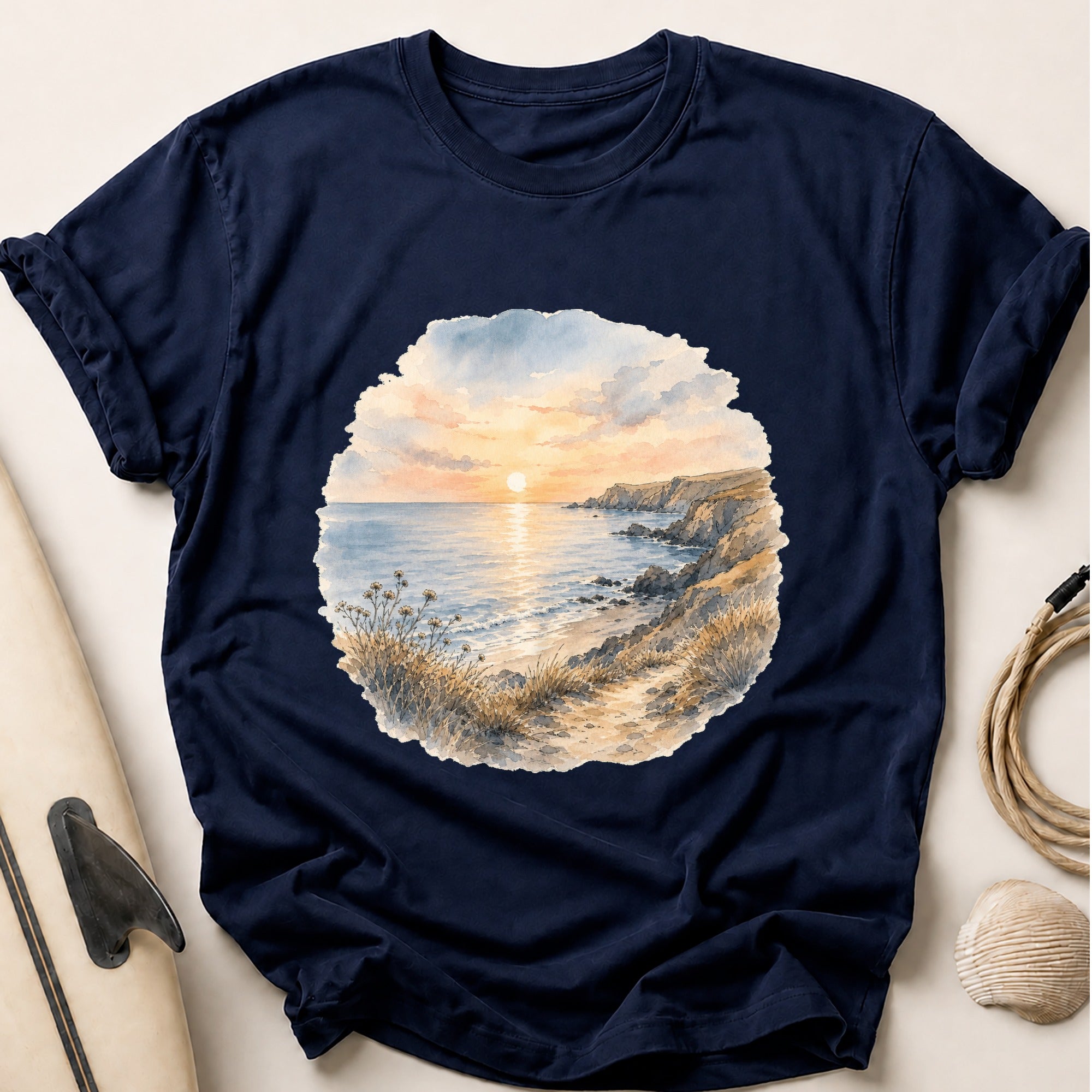 Watercolour Sunset Sea Tee - Navy