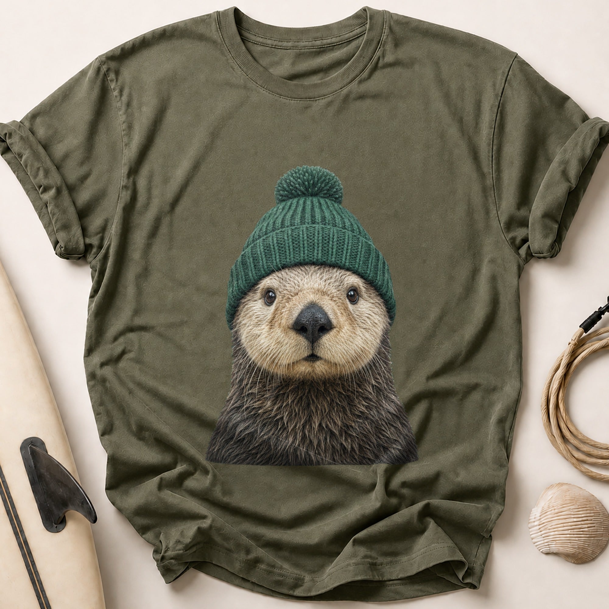 Sea Otter In A Knitted Beanie Tee - Olive