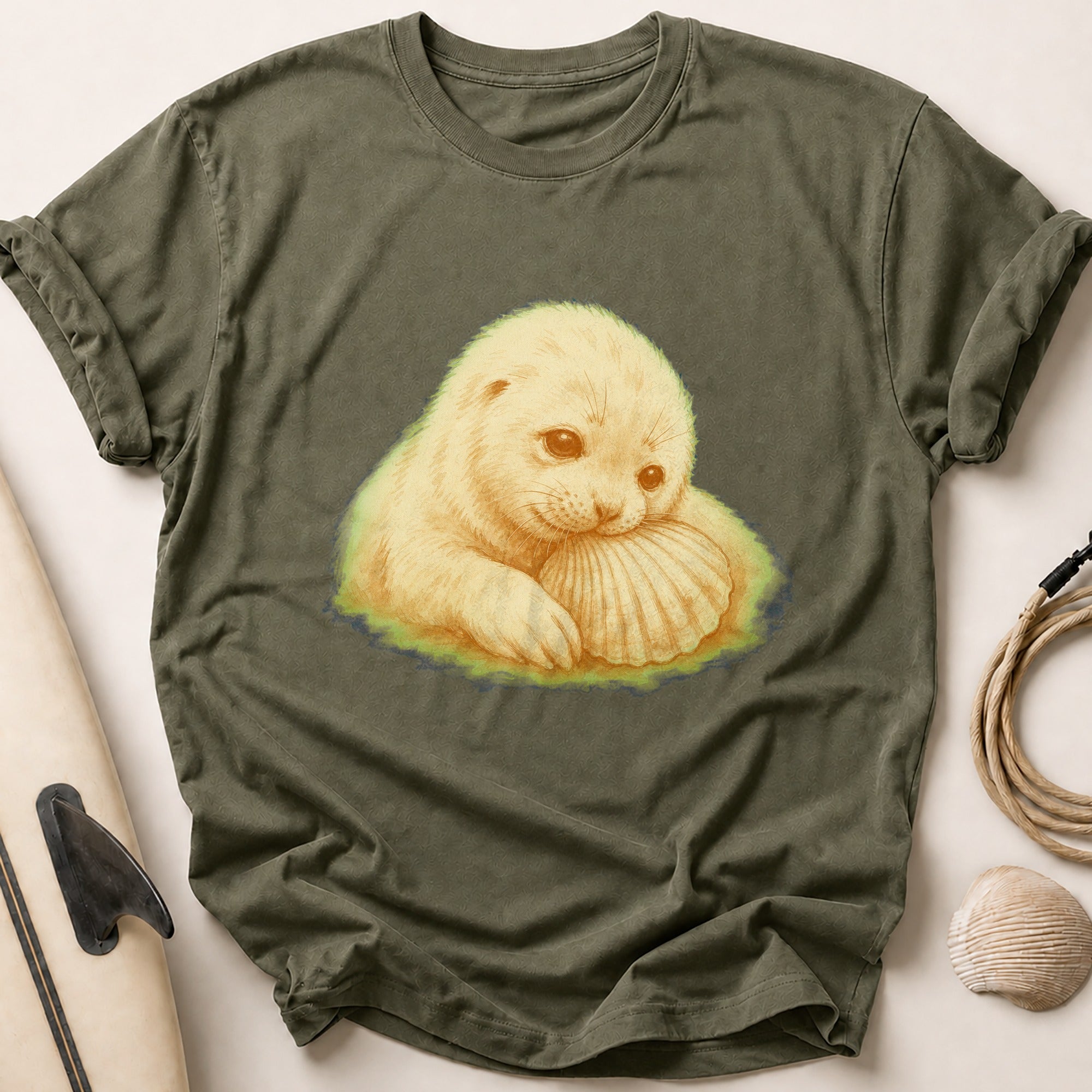 Seal Pup Nuzzling A Shell Tee - Olive