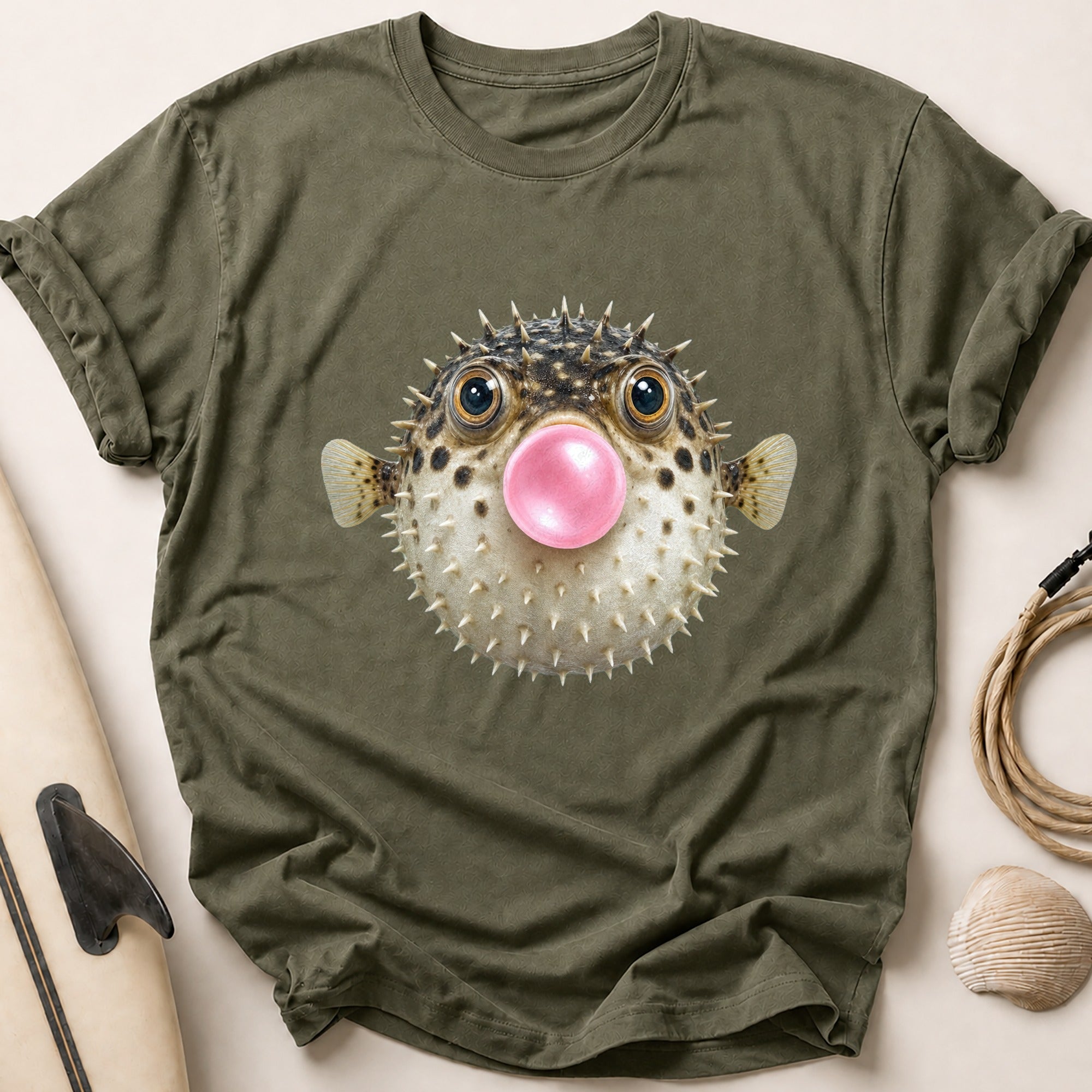 Pufferfish Blowing A Bubblegum Bubble Tee - Olive