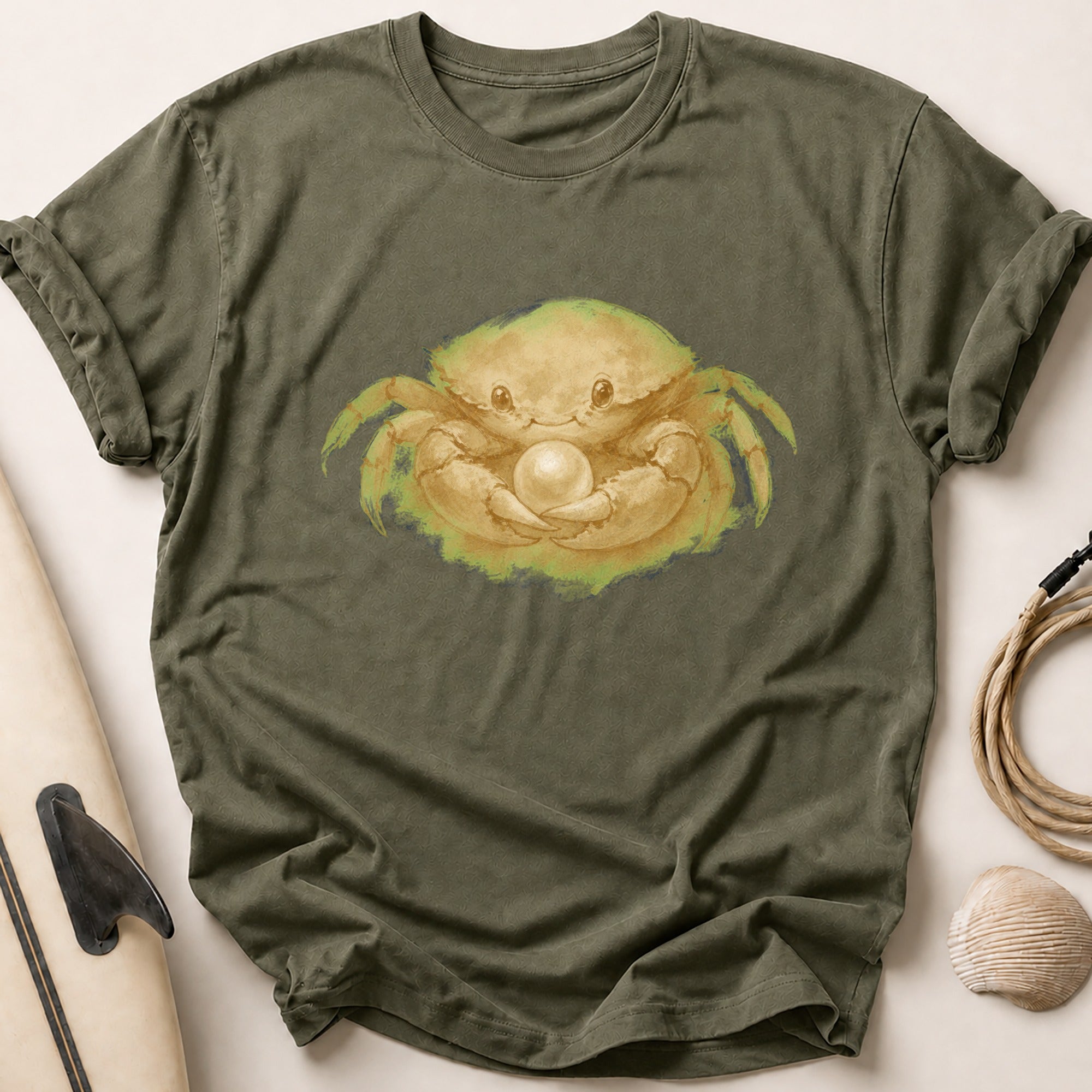 Crab Cradling A Pearl Tee - Olive