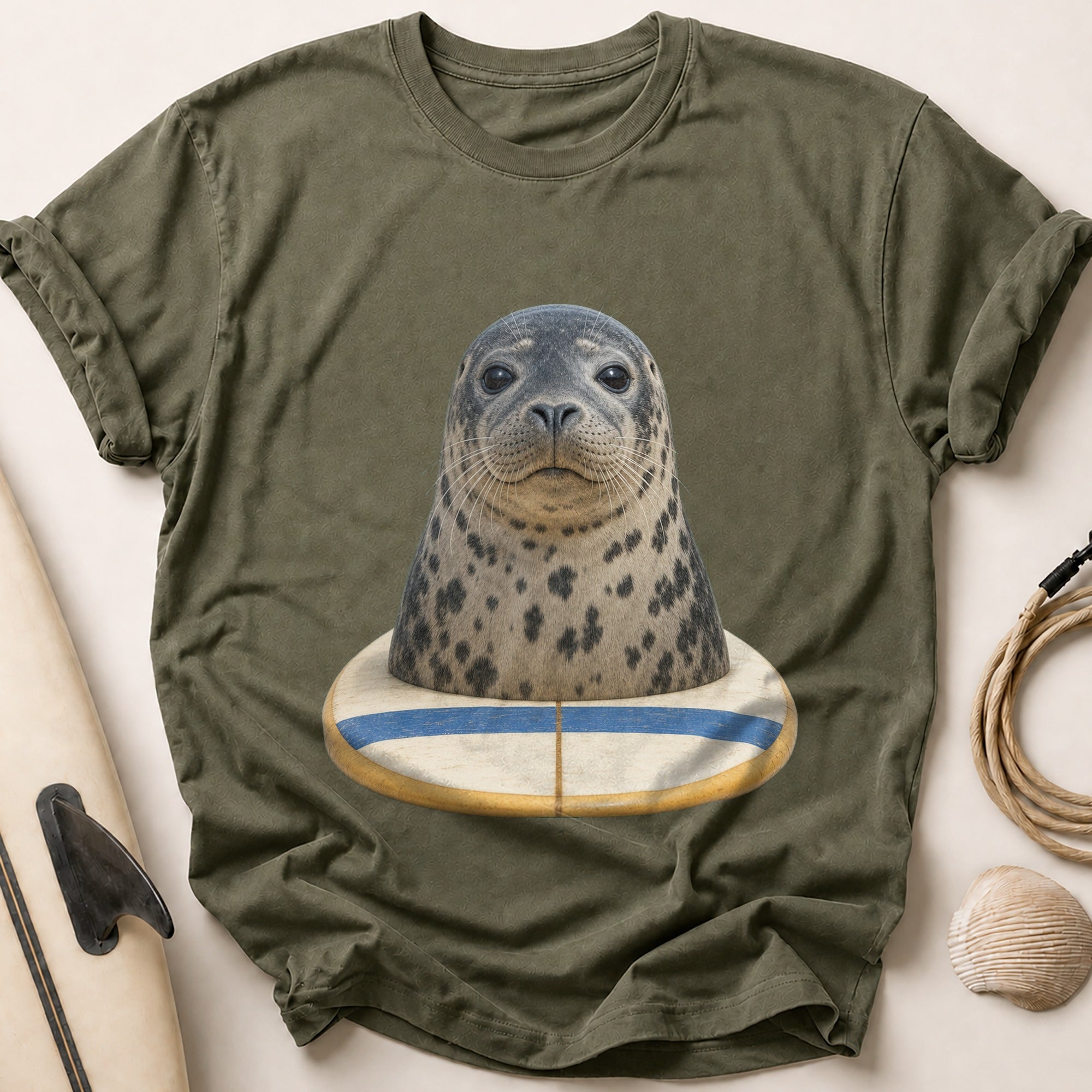 Harbour Seal On A Surfboard Tee - Olive