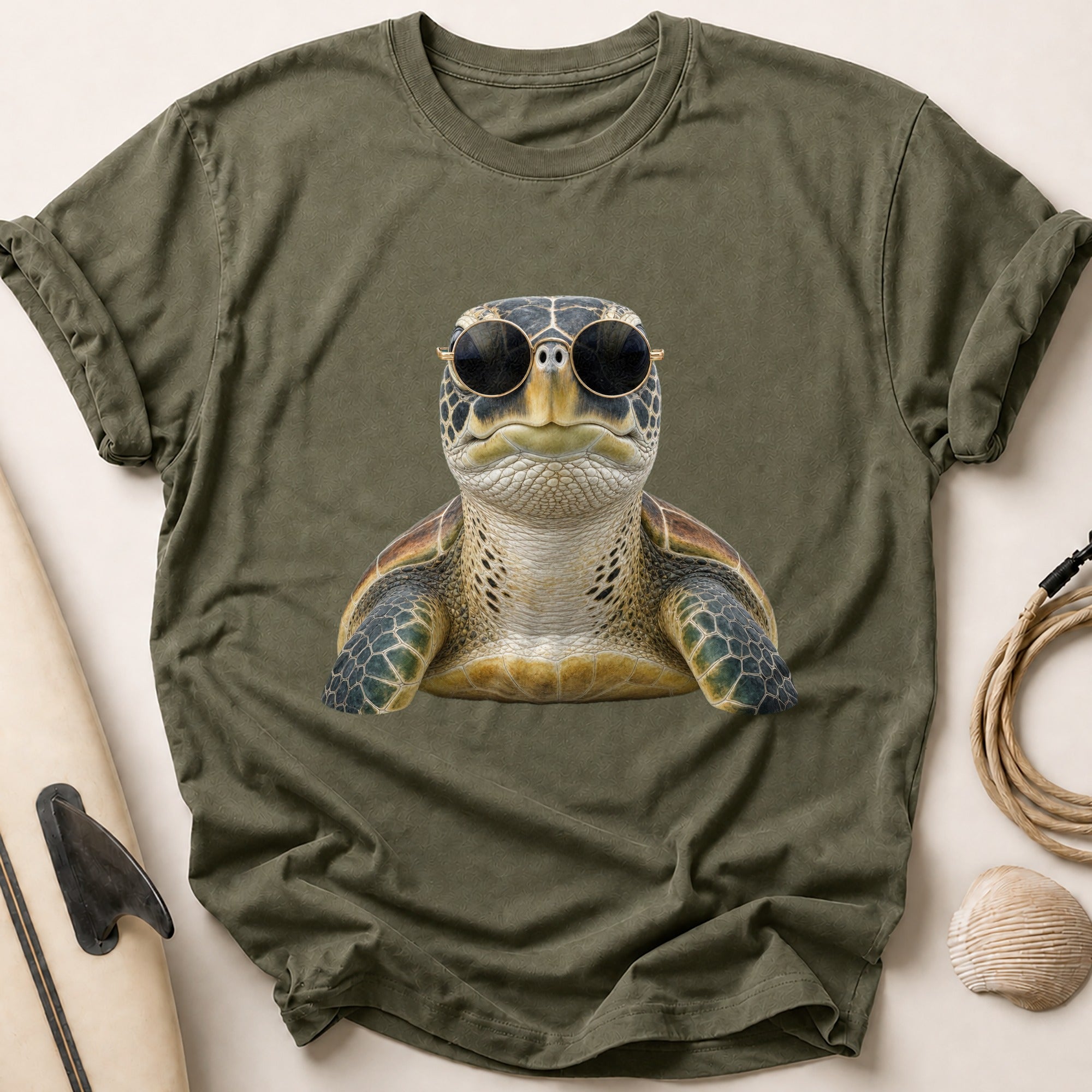 Green Sea Turtle In Round Sunglasses Tee - Olive