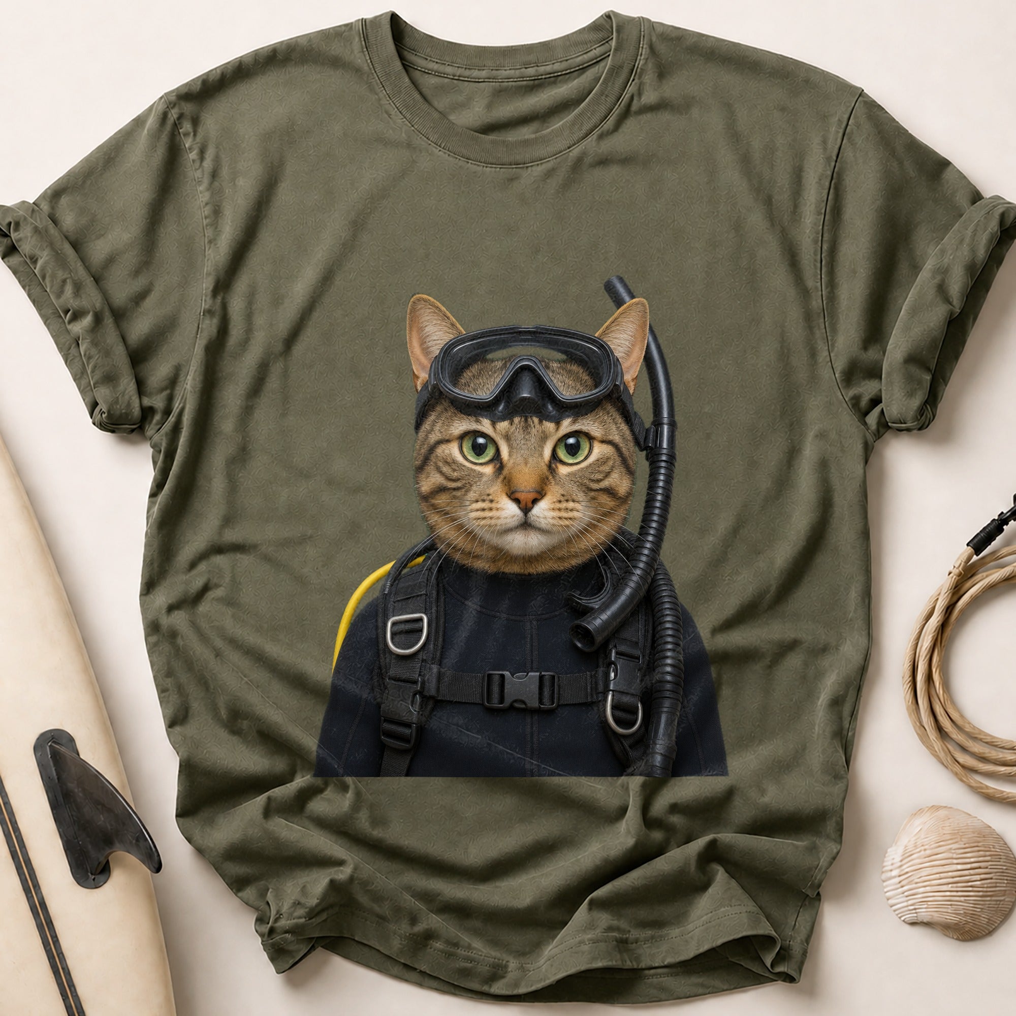 Tabby Cat In Scuba Gear Tee - Olive