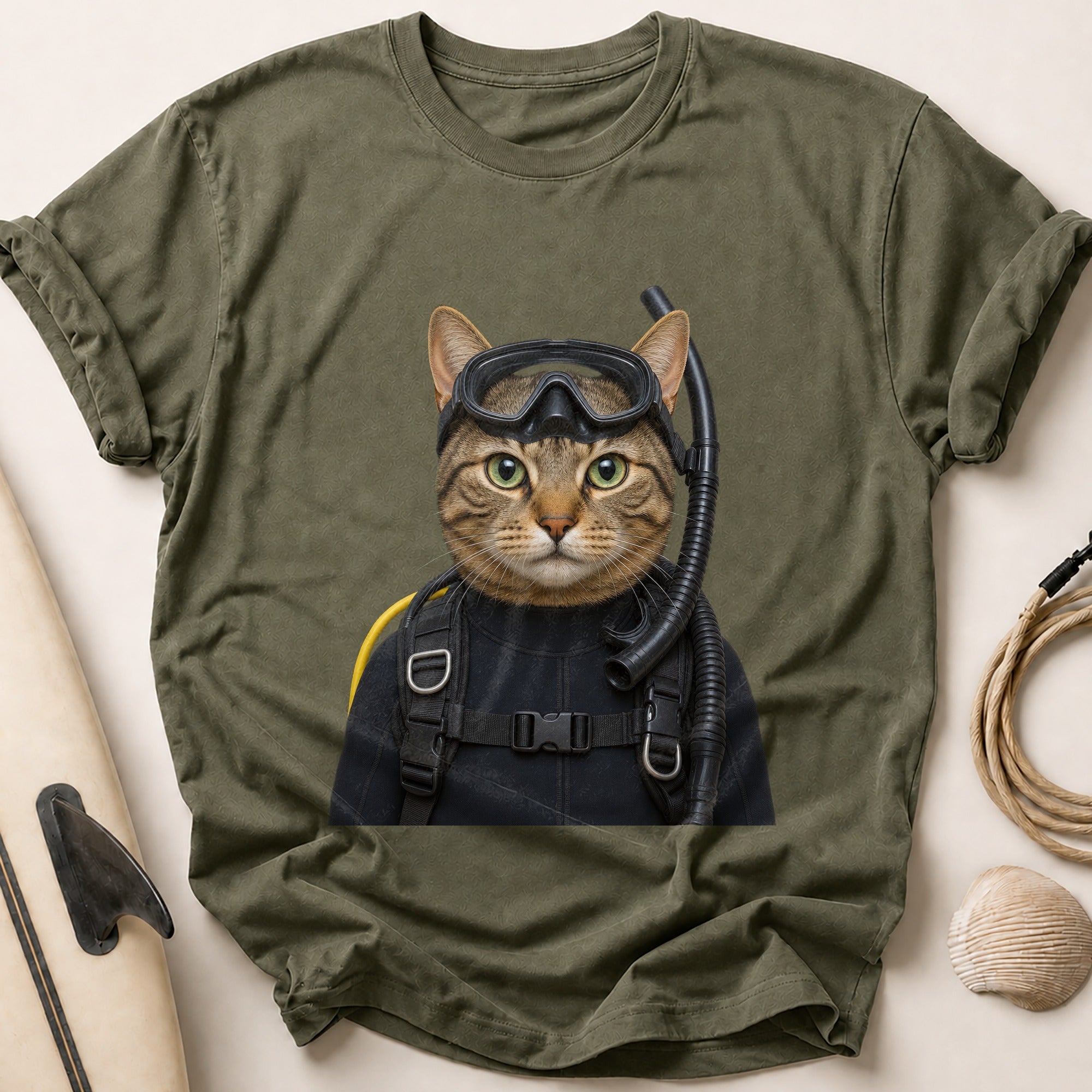 Diving Cat Tee - Olive