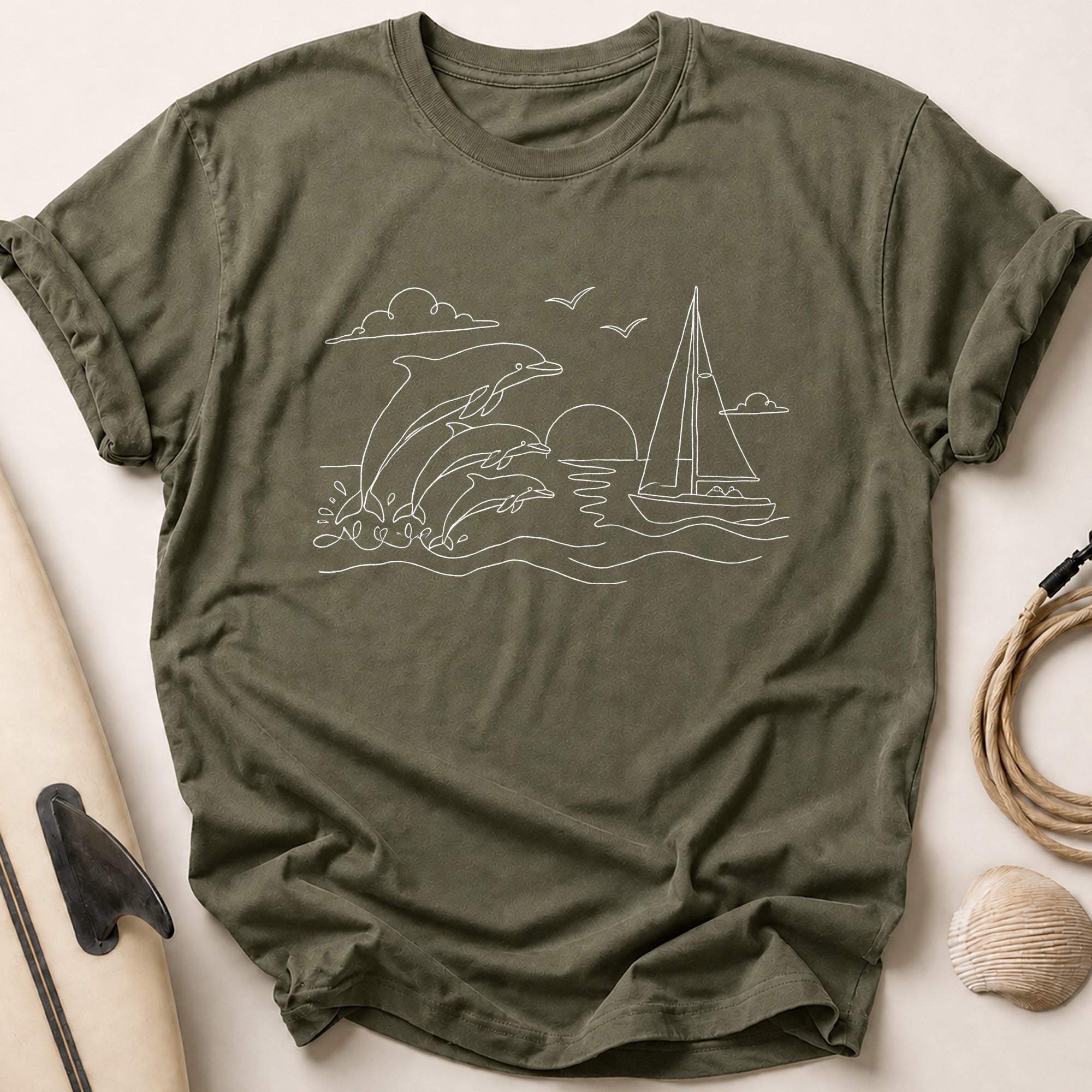 Dolphins Sailboat Sunset Tee - Olive