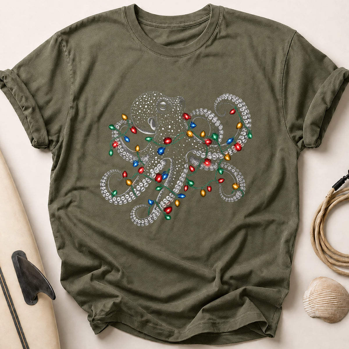 Octopus Christmas Lights 62 Tee - Olive