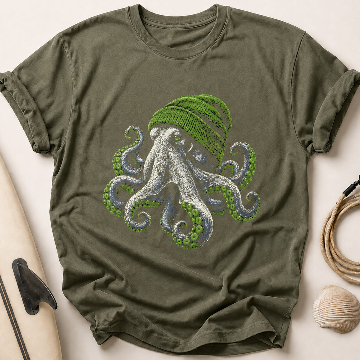 Octopus In A Green Beanie 39 Tee - Olive
