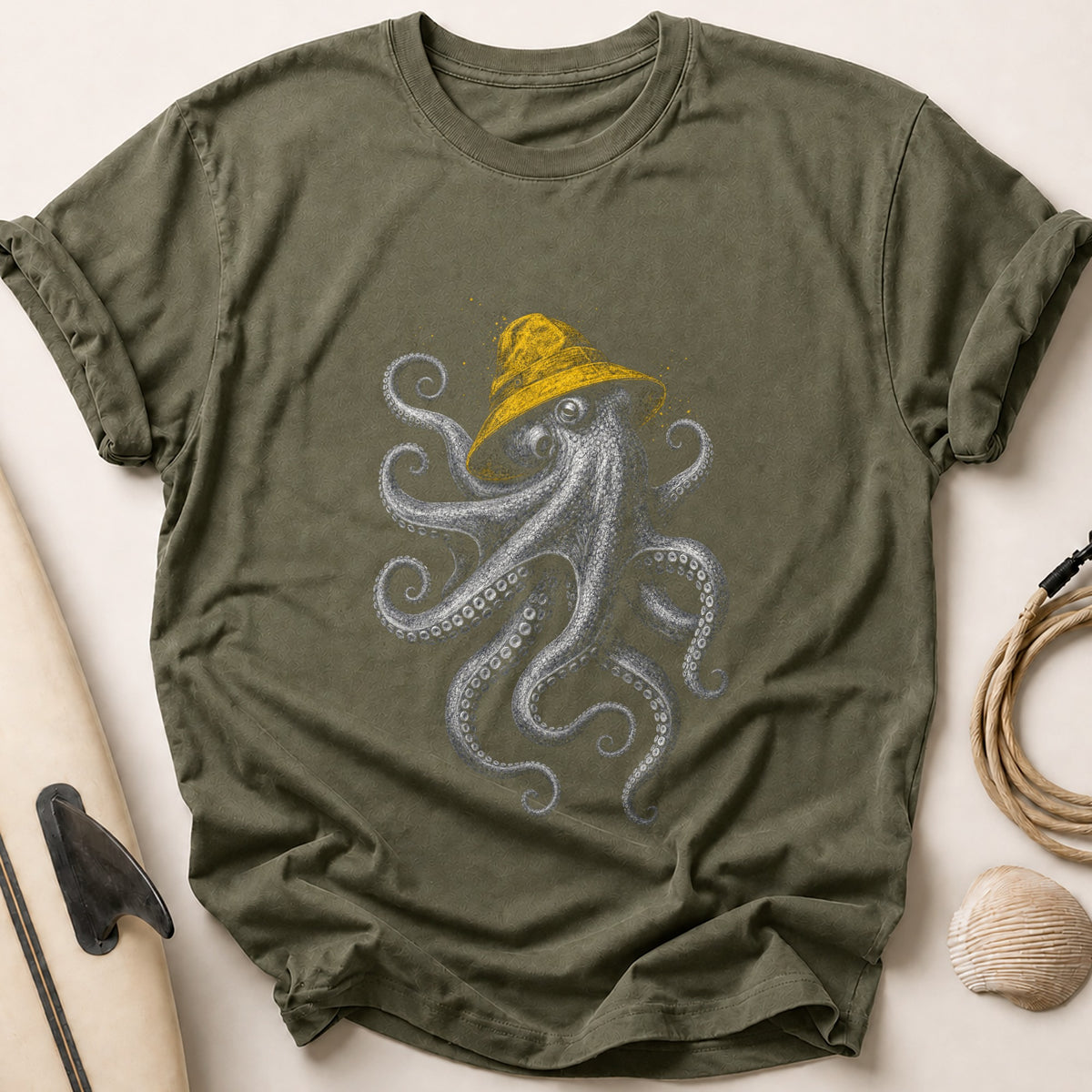 Octopus In A Rain Hat 67 Tee - Olive