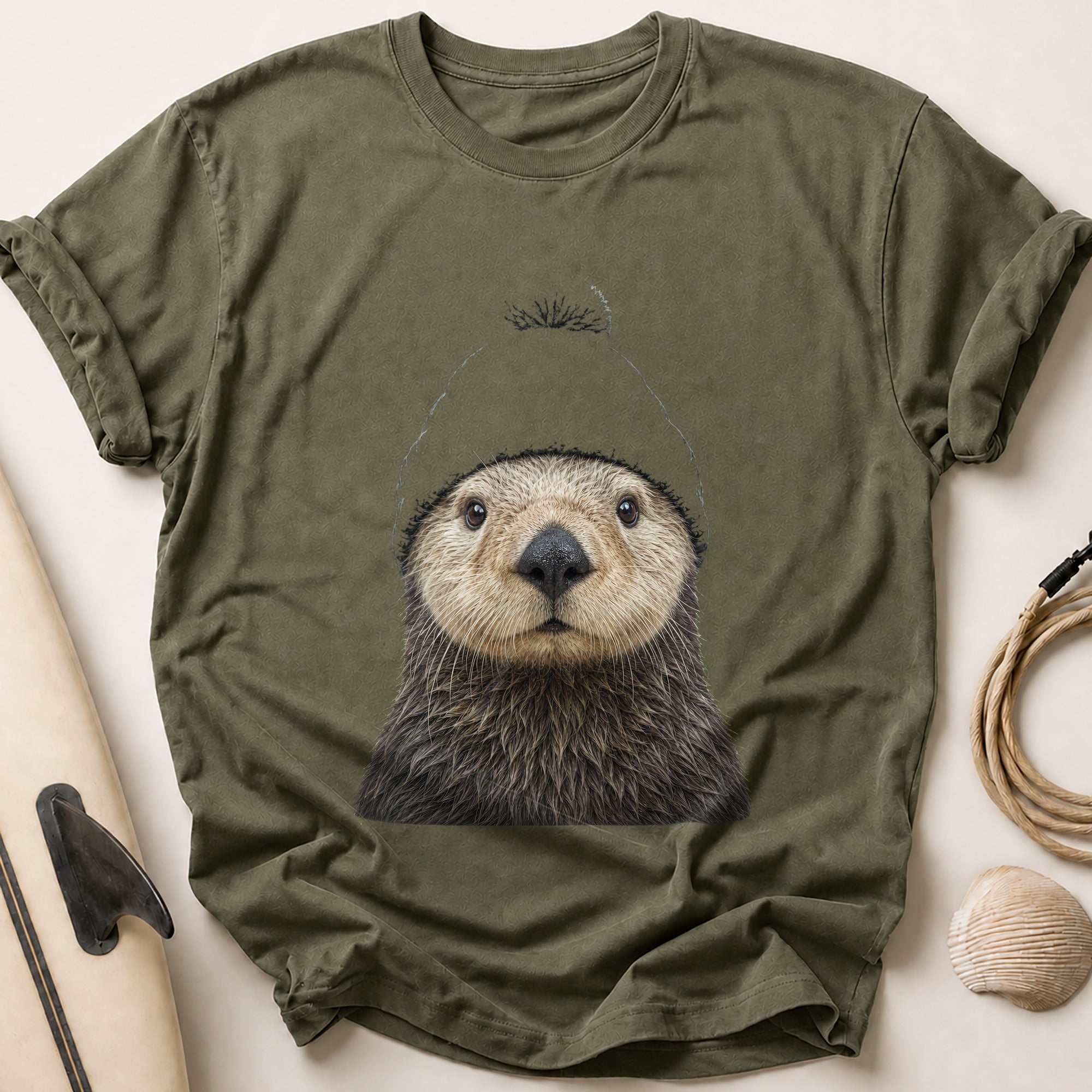 Otter In Beanie Tee - Olive