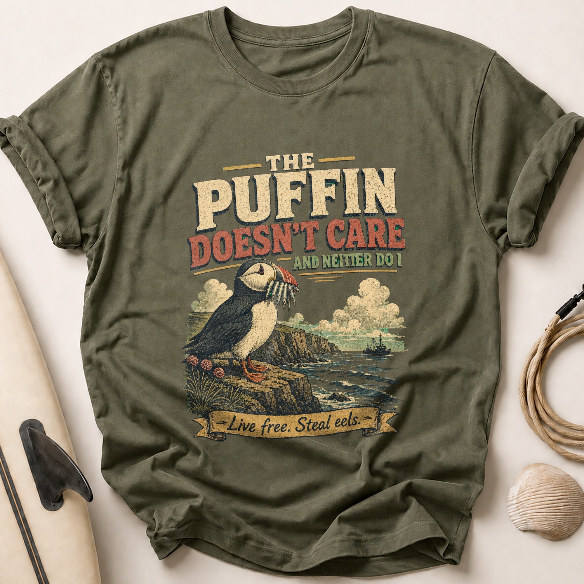 Puffin Doesn't Care Tee - Olive