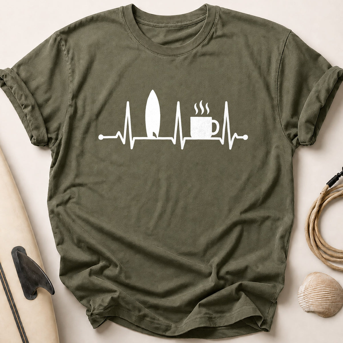 Surfing And Coffee 37 Tee - Olive