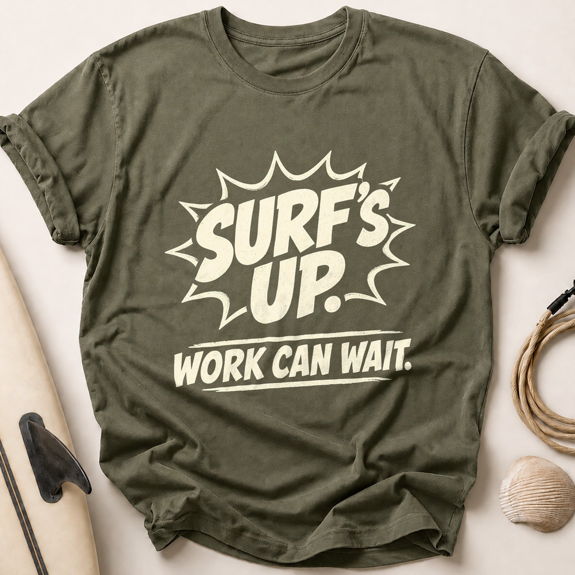 Surfs Up Work Can Wait Tee - Olive