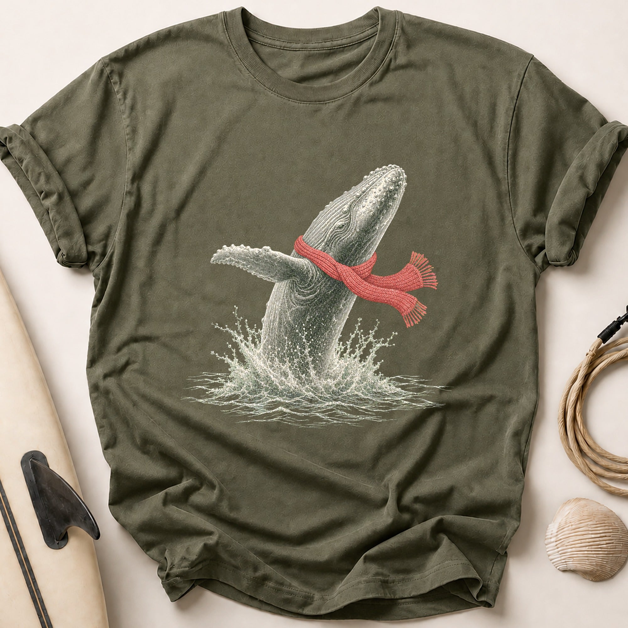 Whale In Red Scarf Tee - Olive