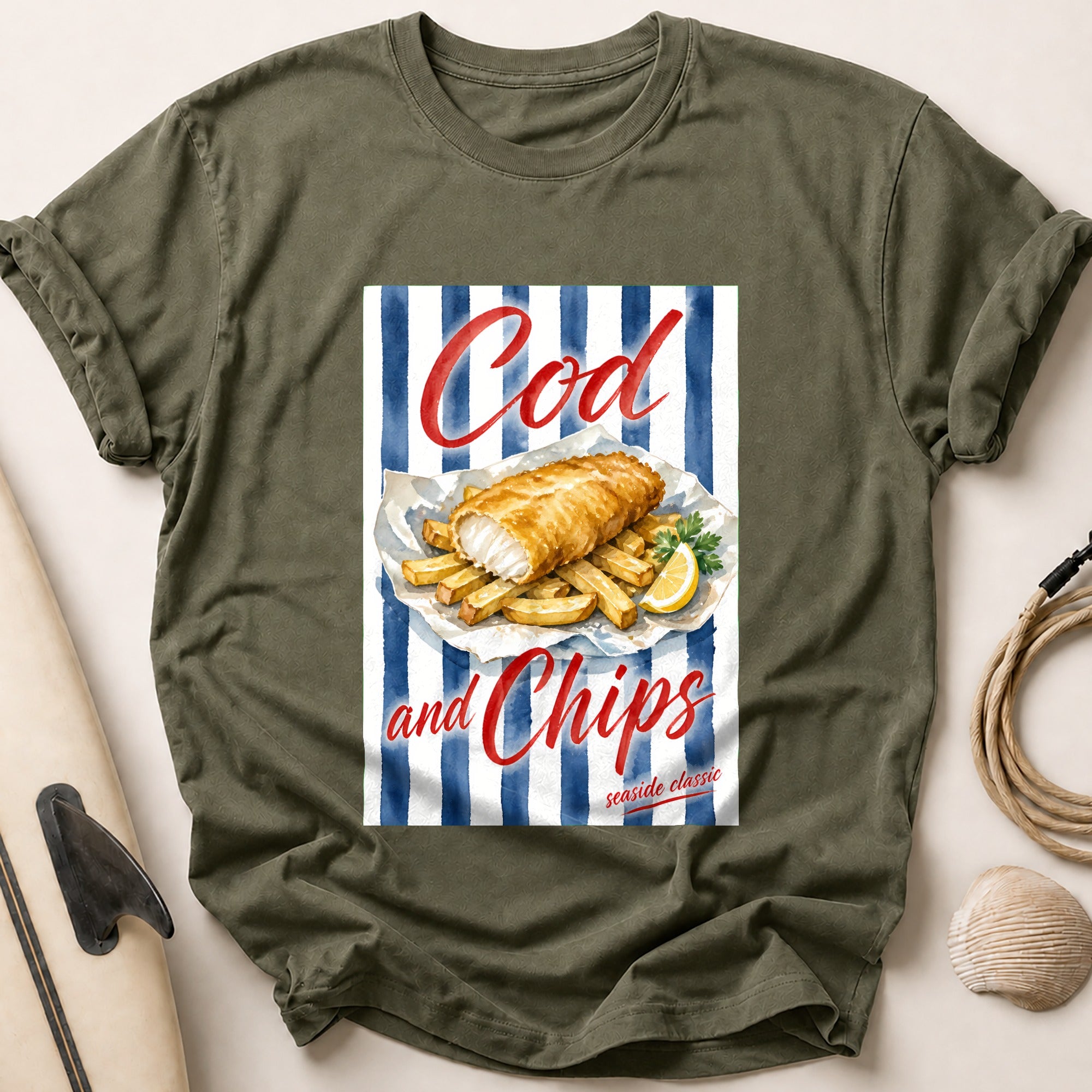 Cod and Chips Seaside Classic Fish Food Tee - Olive