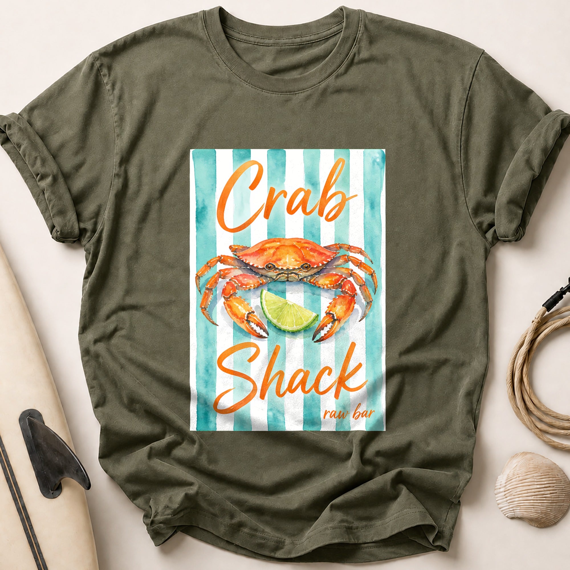 Crab Shack Raw Bar Seafood Coastal Tee - Olive