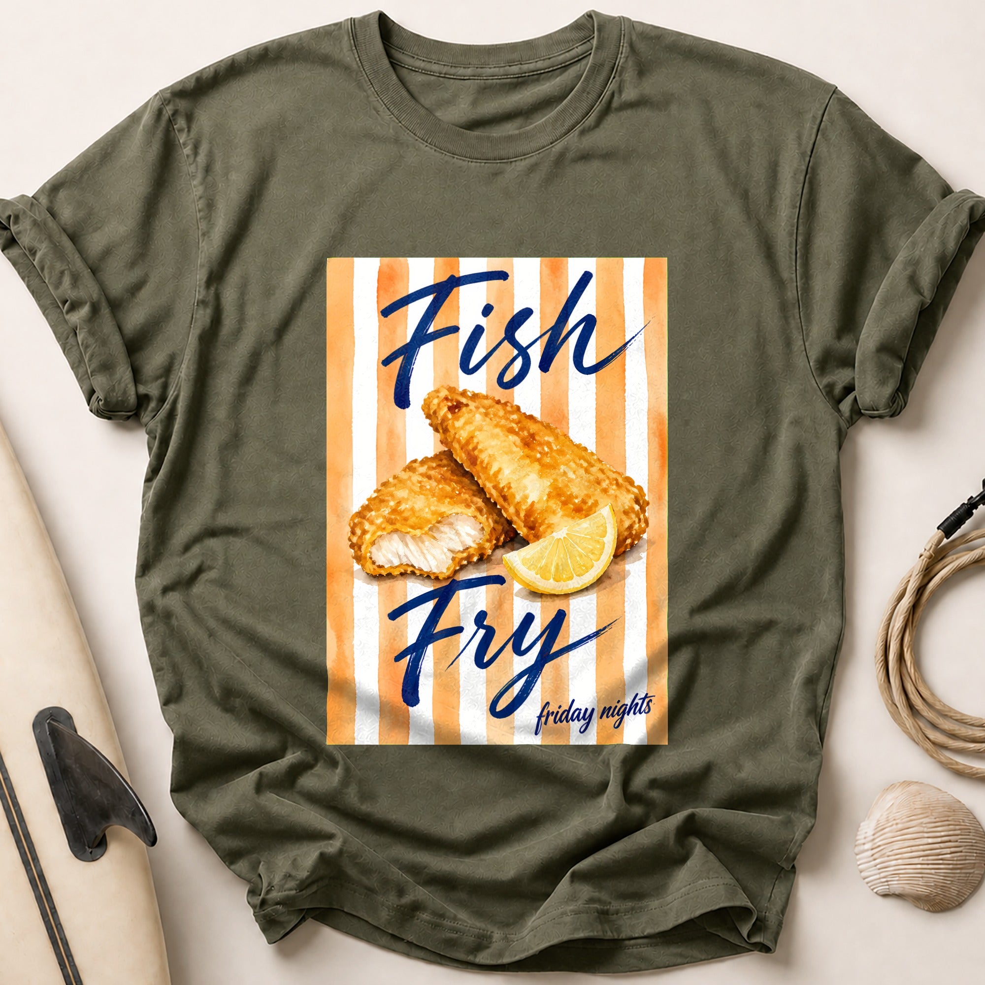 Fish Fry Friday Nights Seafood Lover Funny Tee - Olive