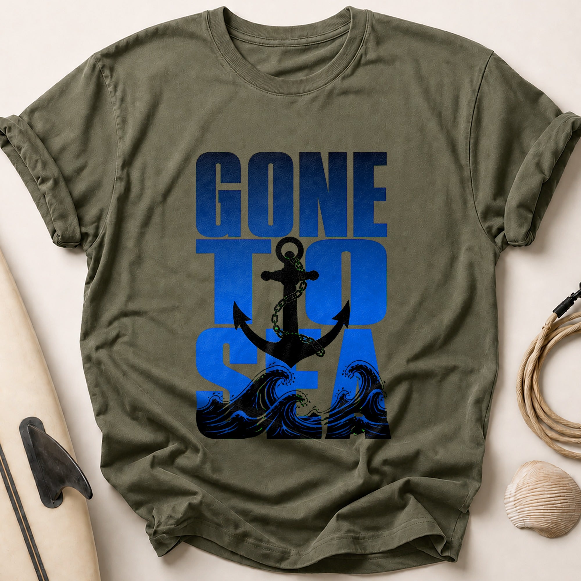 Gone Fishing Anchor Waves Nautical Tee - Olive