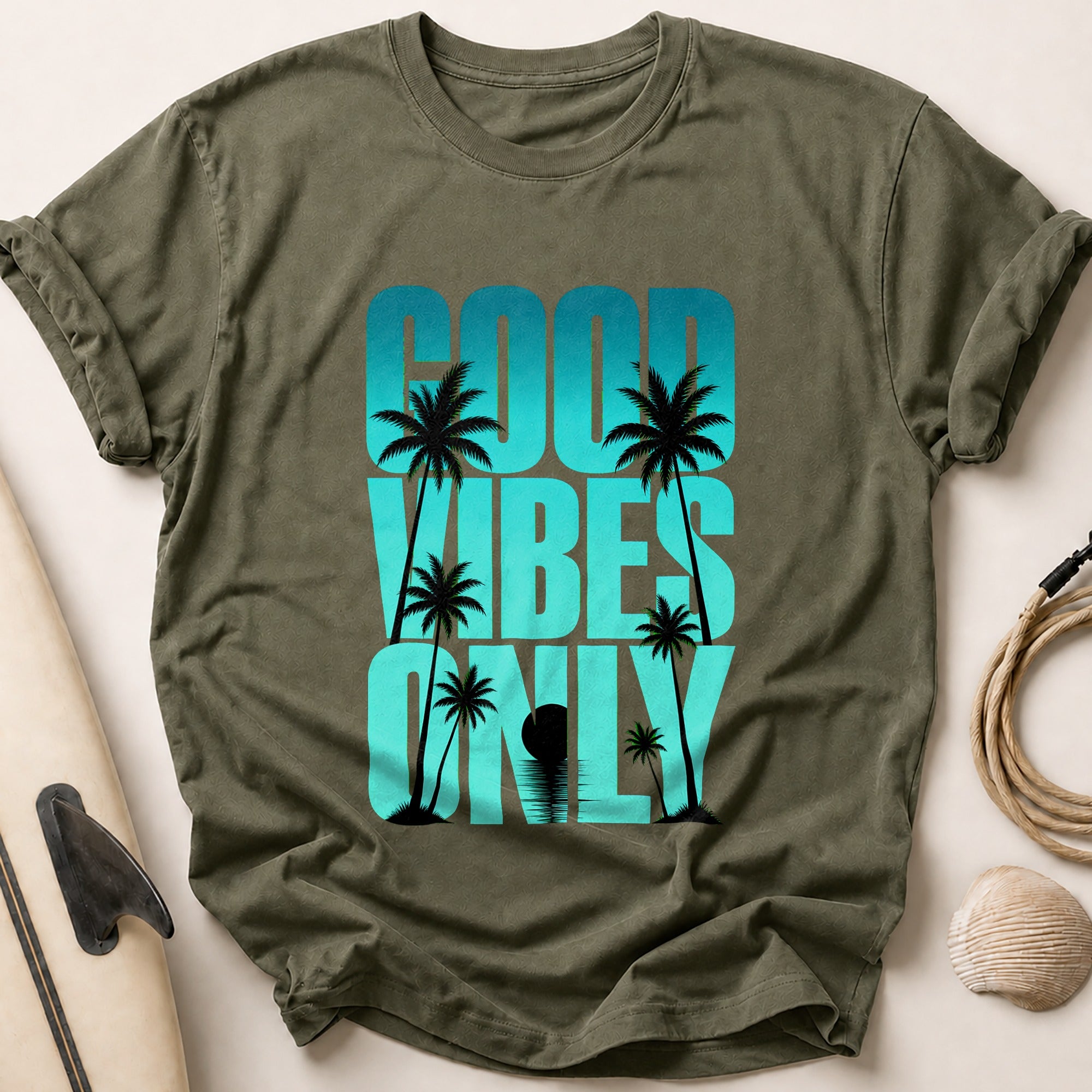 Good Vibes Palm Tree Tropical Tee - Olive