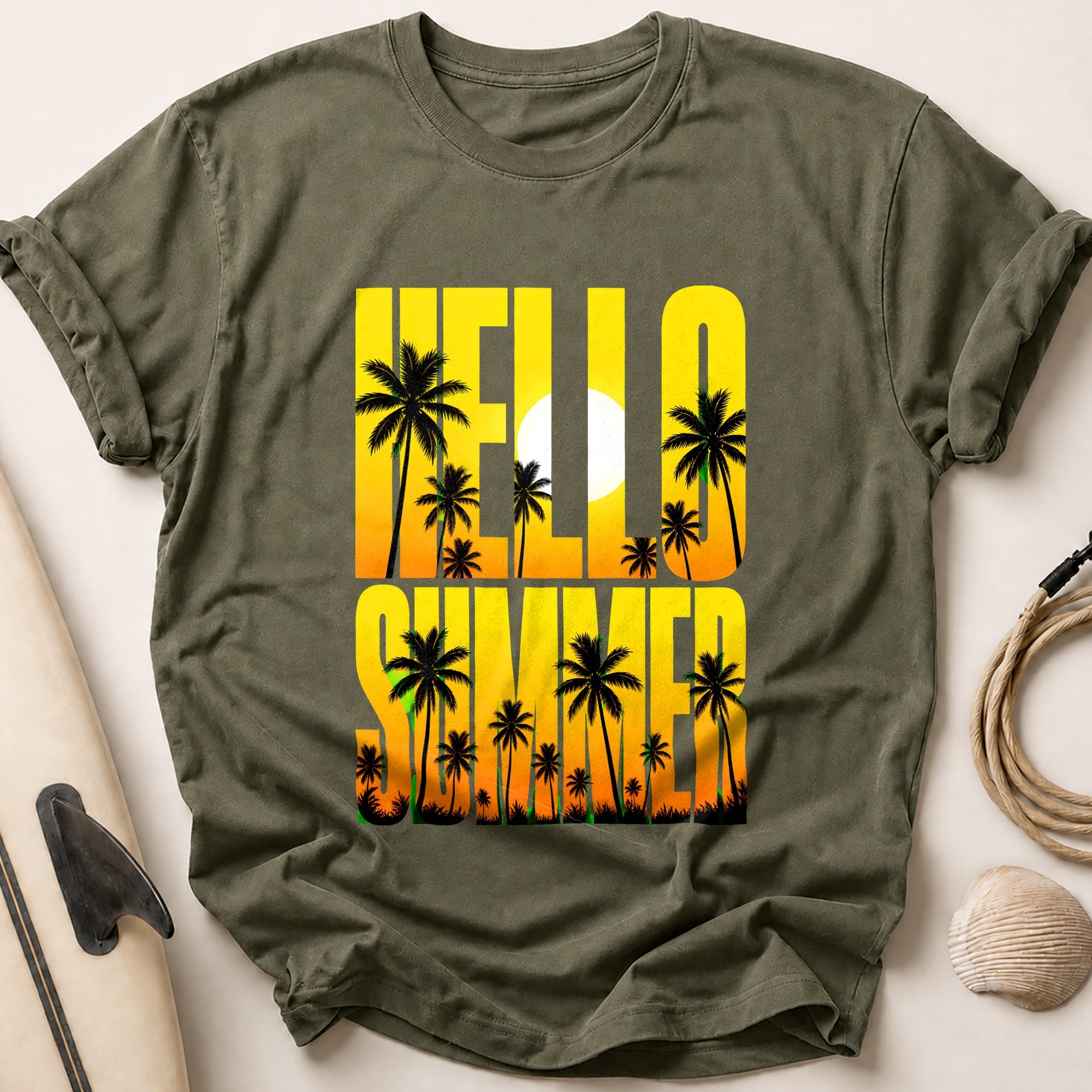 Hello Summer Palm Trees Tropical Tee - Olive