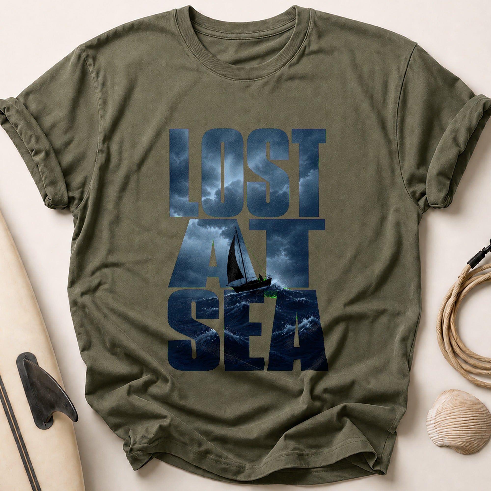 Lost at Sea Sailing Adventure Bootleg Tee - Olive