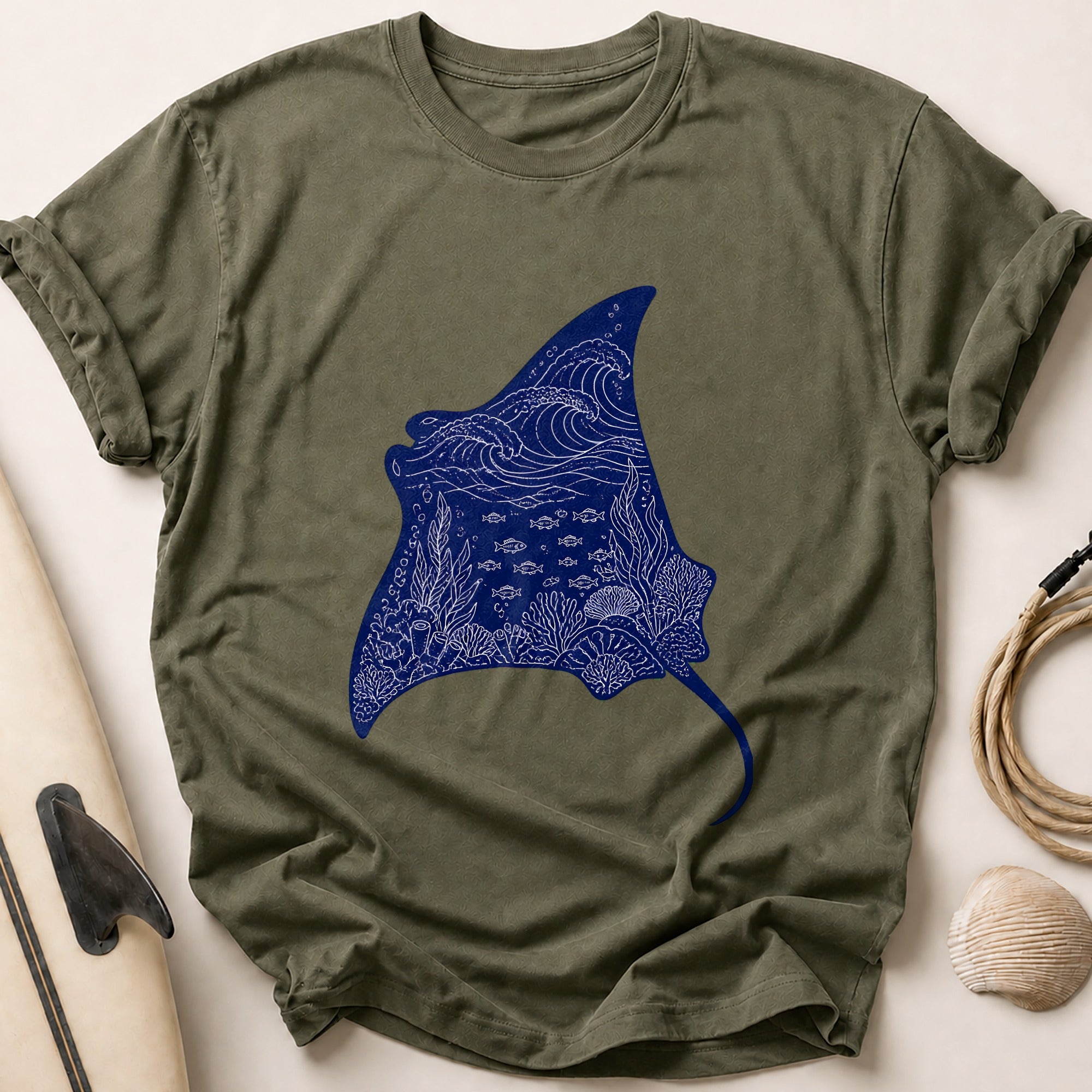 Manta Ray Ocean Marine Aquatic Tee - Olive