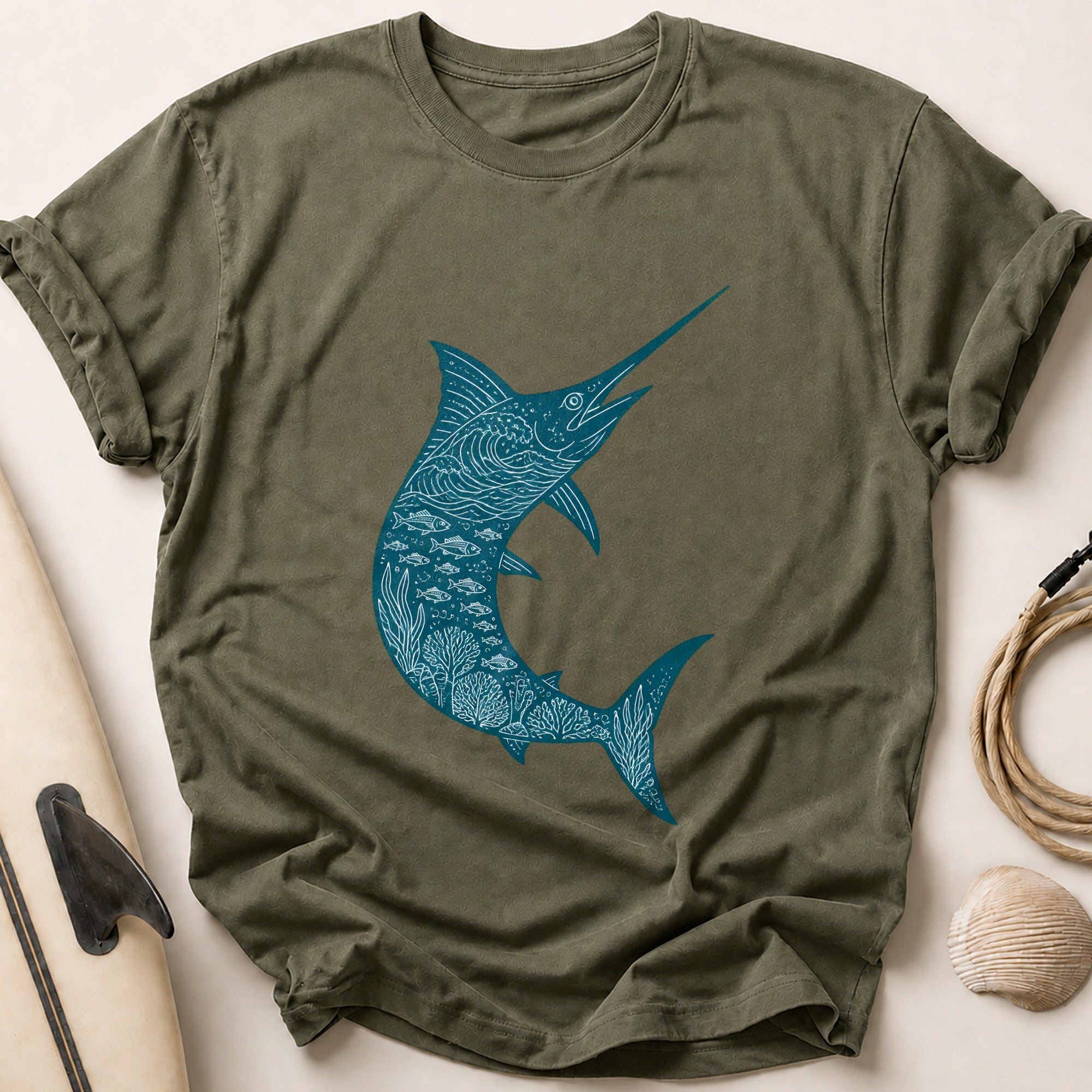 Marlin Fishing Ocean Angler Tee - Olive