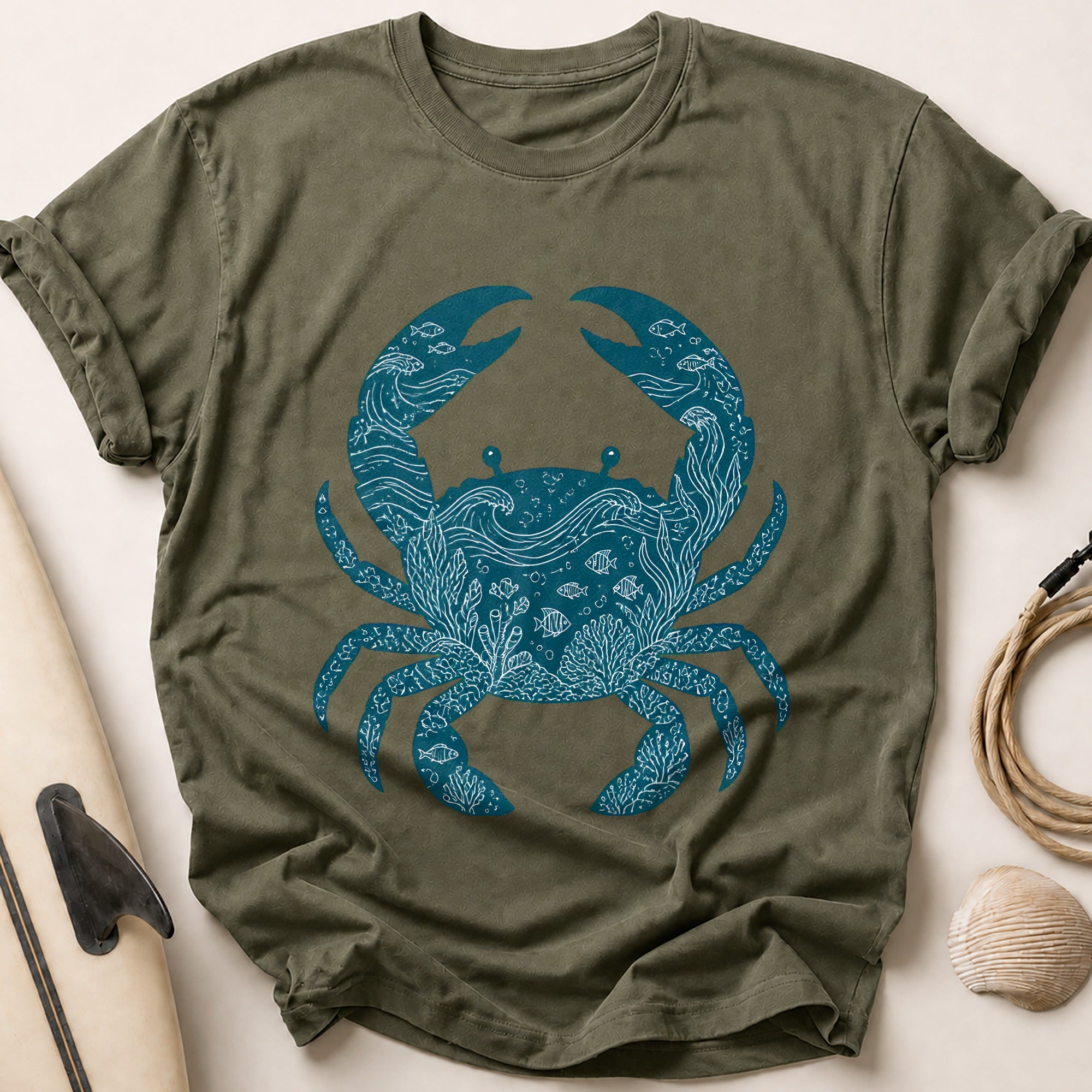 Ocean Crab Marine Beach Coastal Tee - Olive