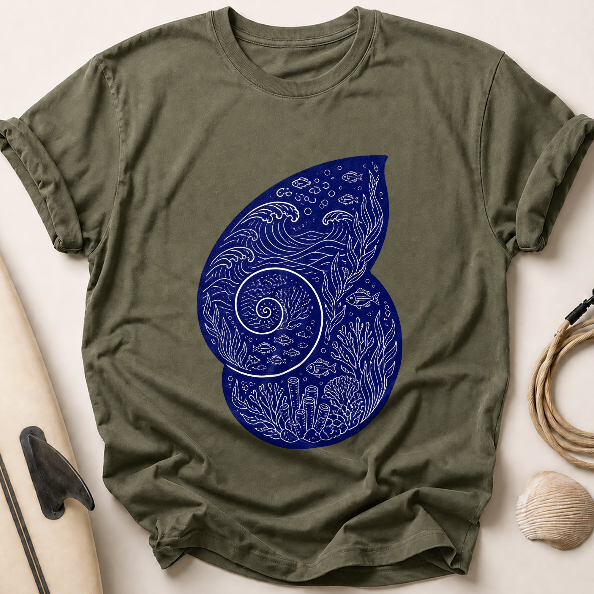 Ocean Nautilus Seashell Marine Tee - Olive
