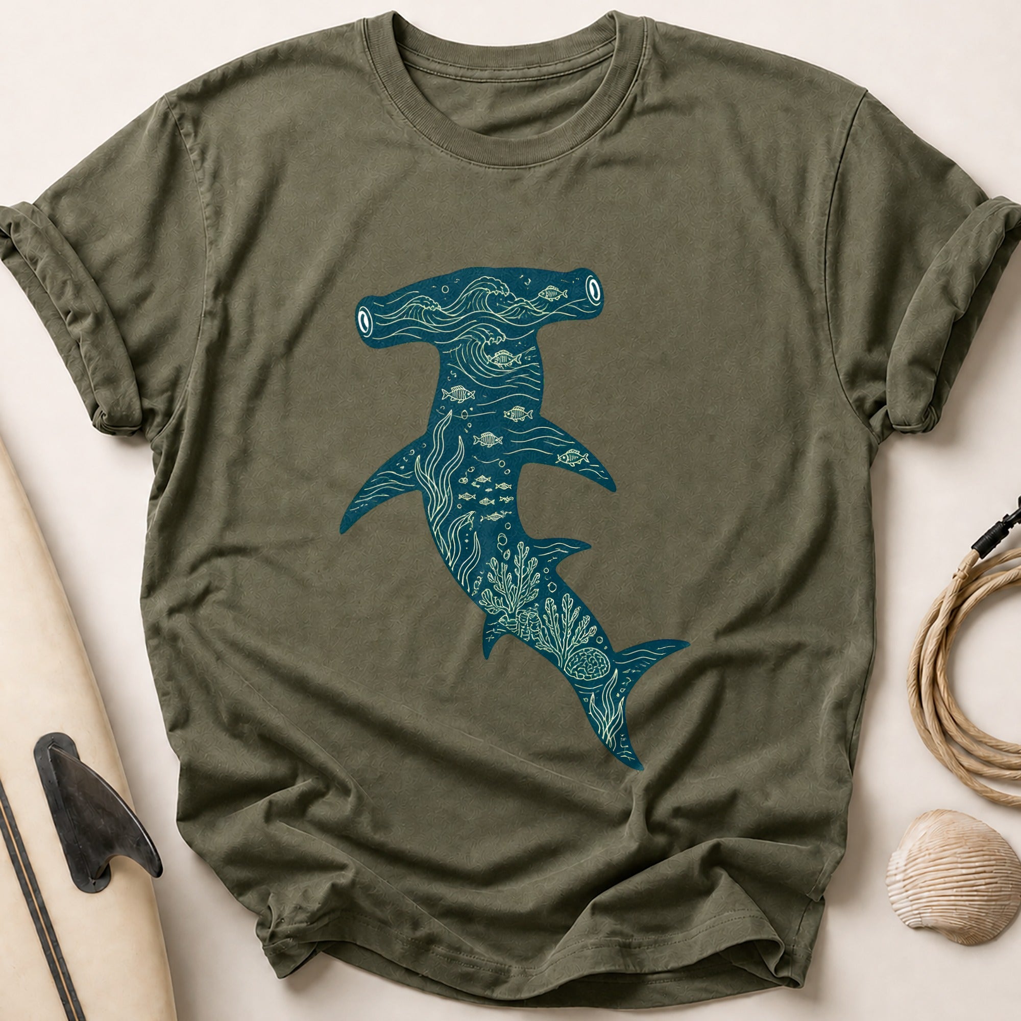 Ocean Shark Marine Life Fishing Tee - Olive