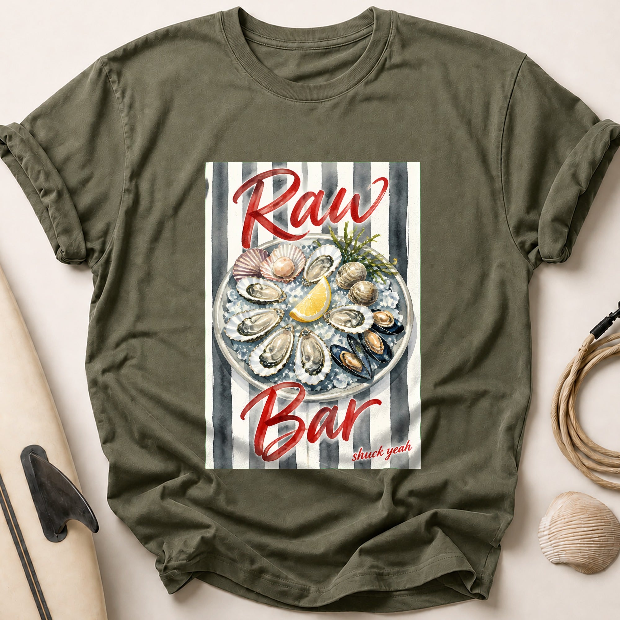 Raw Bar Shuck Yeah Oyster Seafood Funny Tee - Olive