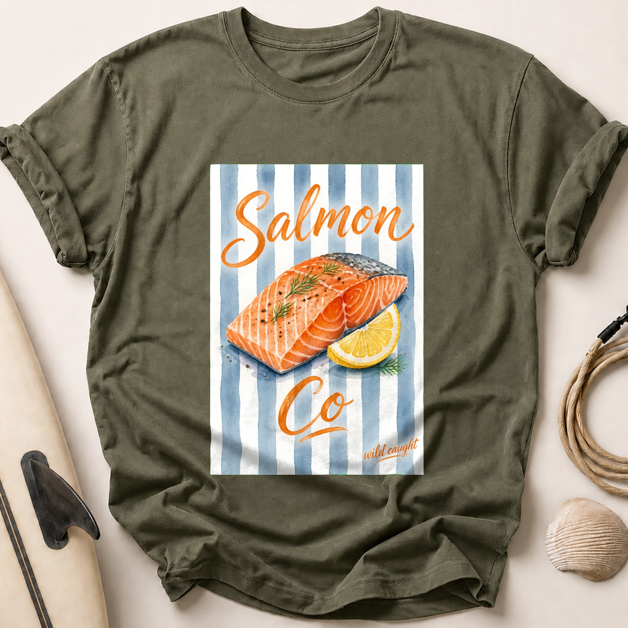 Salmon Co Wild Caught Seafood Cooking Tee - Olive