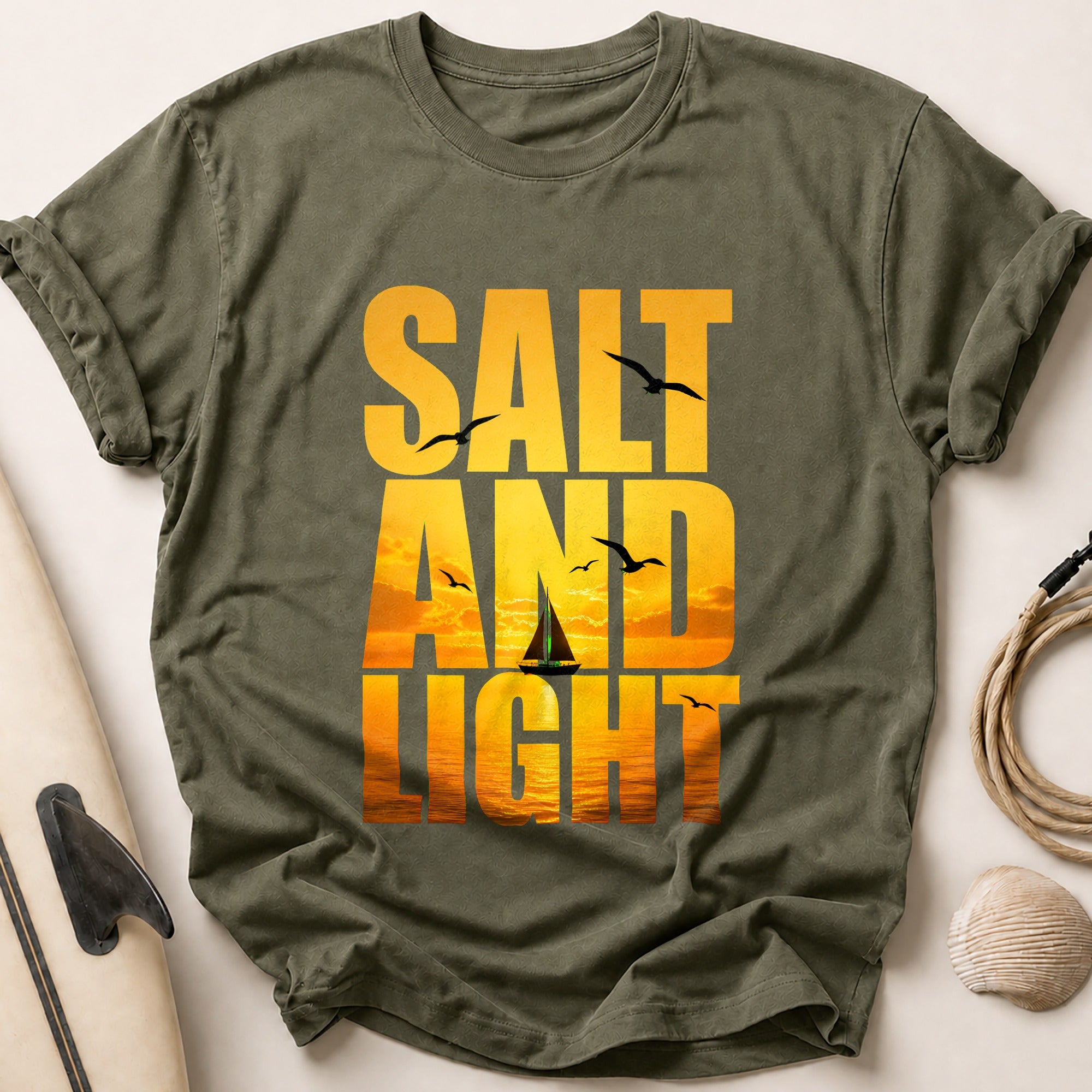 Salt and Light Sailboat Ocean Sunset Tee - Olive