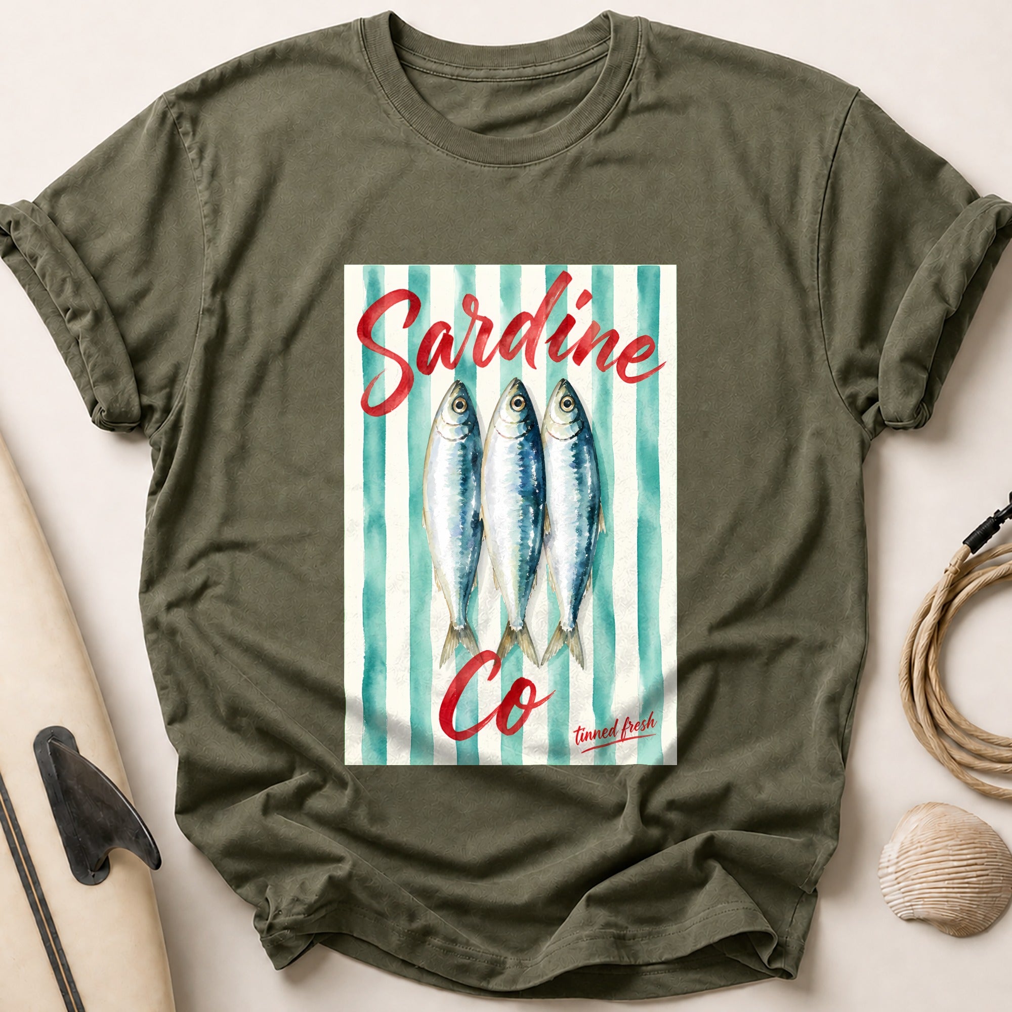 Sardine Co Tinned Fresh Fishing Seafood Tee - Olive