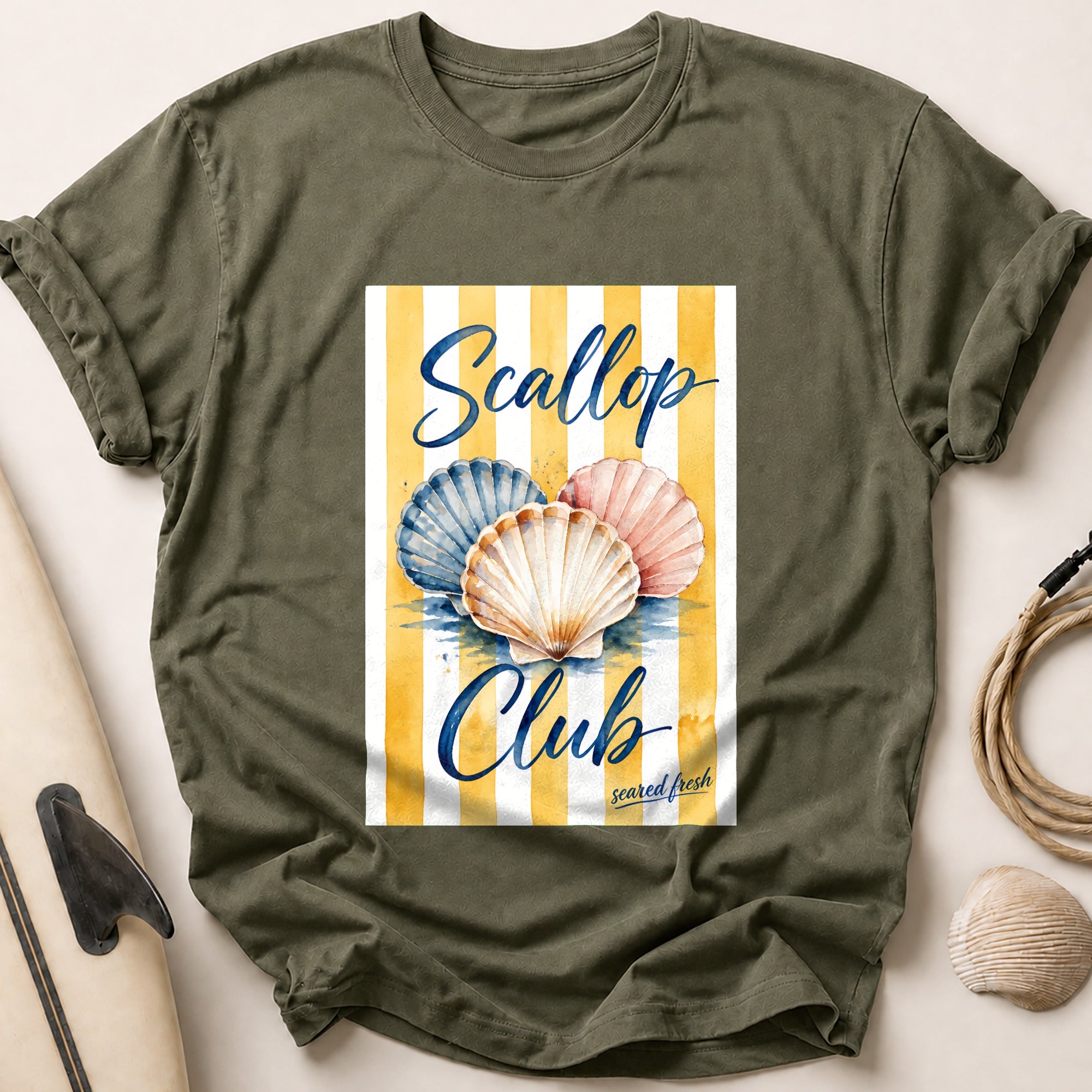 Scallop Club Scared Fresh Seafood Coastal Tee - Olive