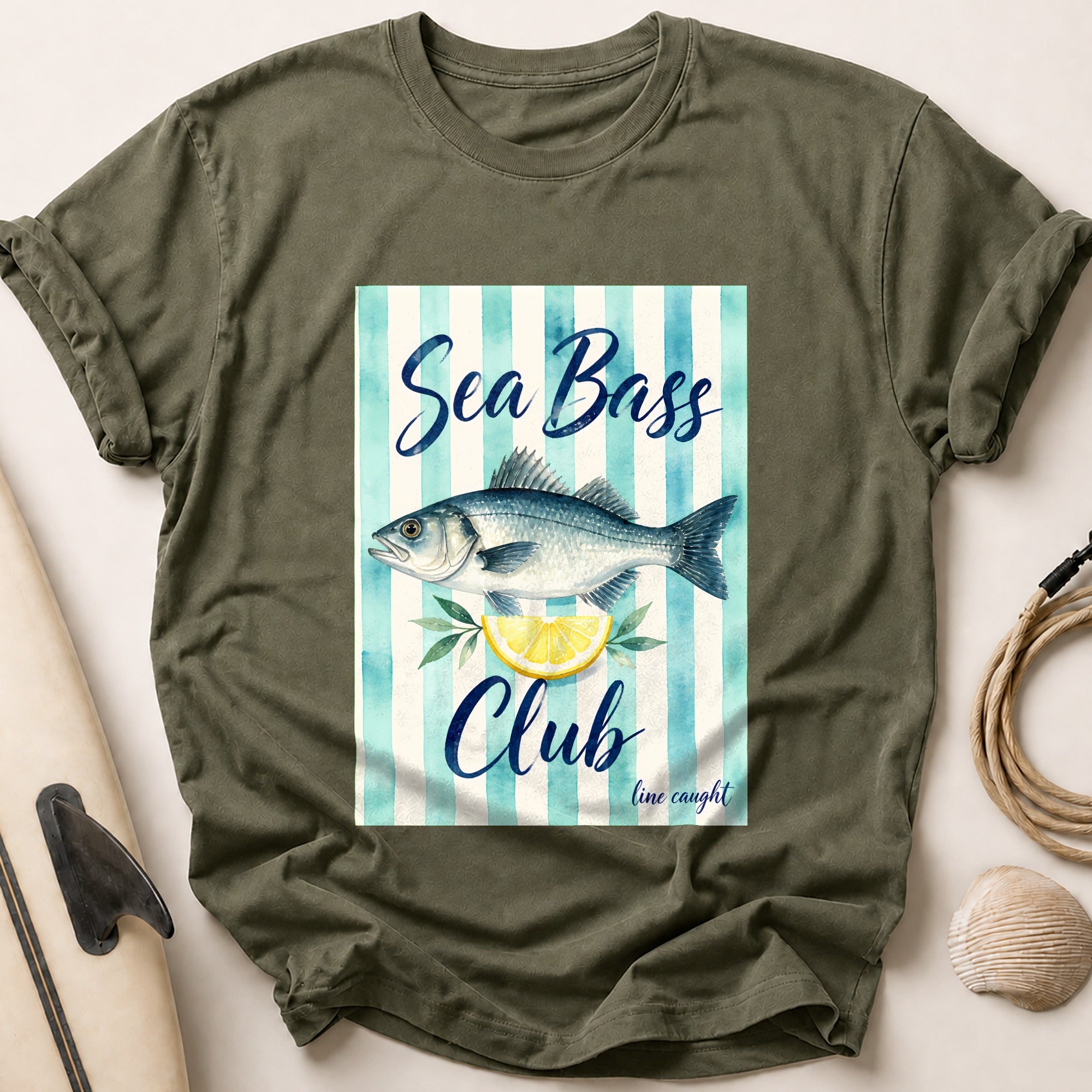 Sea Bass Club Line Caught Fishing Lemon Tee - Olive