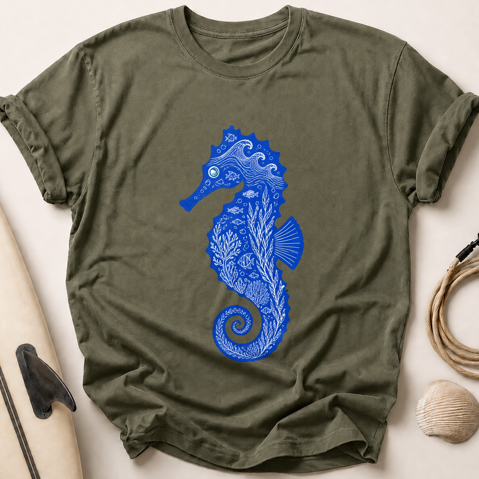 Seahorse Ocean Marine Life Tee - Olive