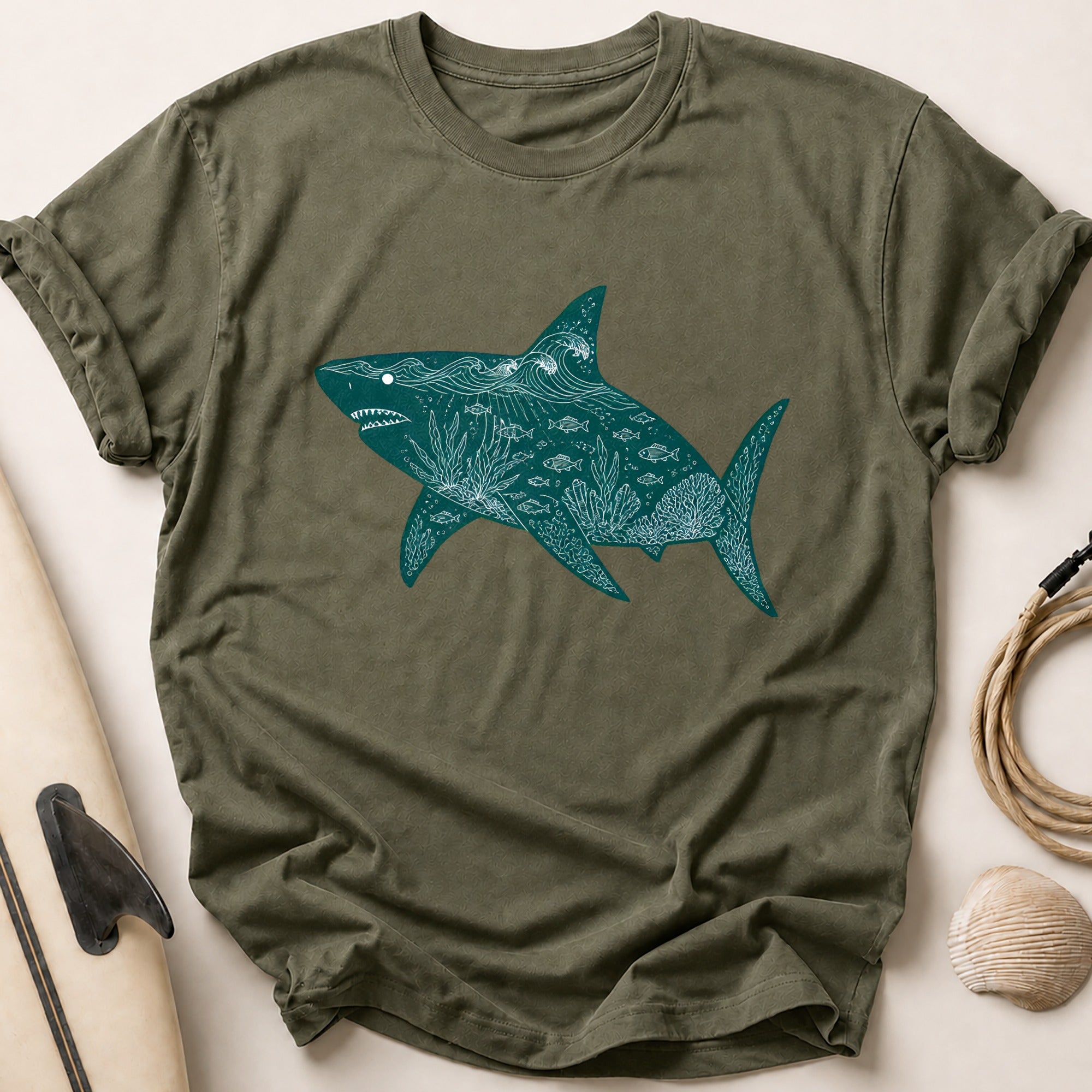 Shark Ocean Sea Life Marine Tee - Olive