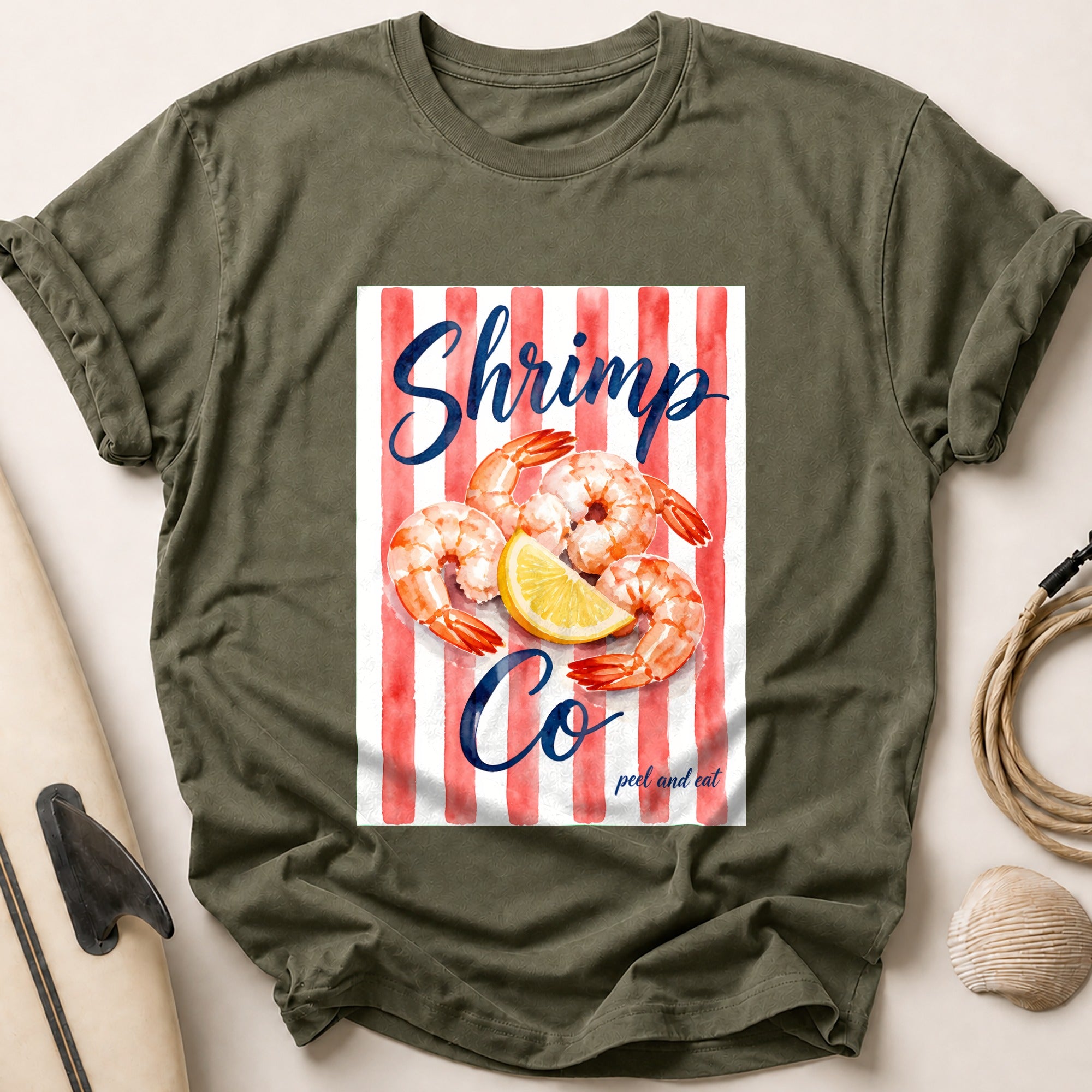 Shrimp Co Peel and Eat Seafood Funny Tee - Olive