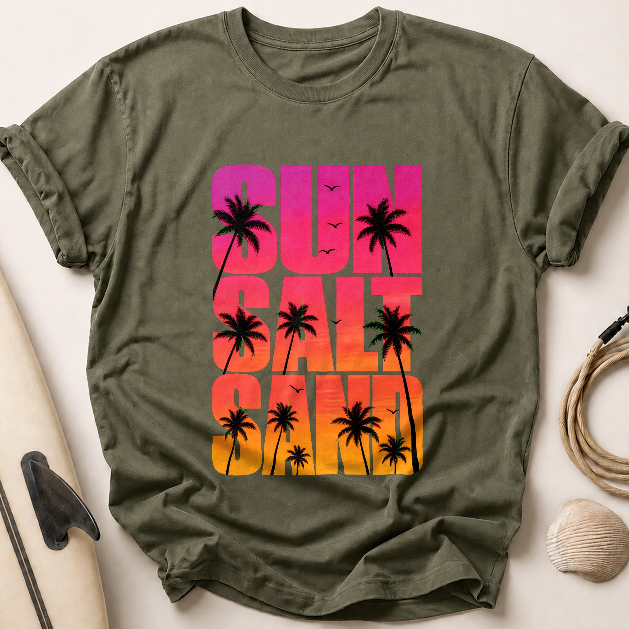 Sun and Palm Trees Retro Beach Vacation Funny Tee - Olive