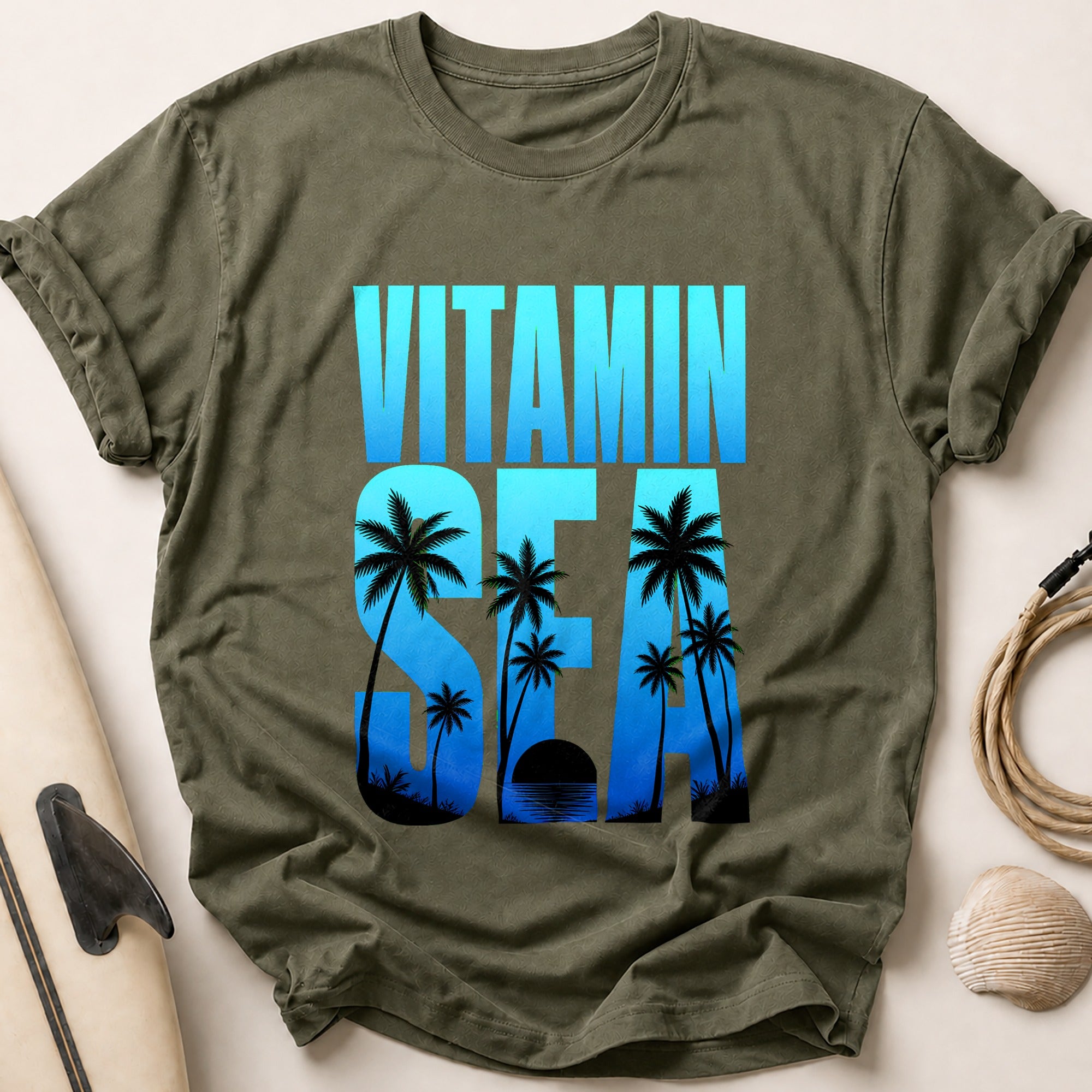 Vitamin Sol Palm Trees Sunset Funny Tee - Olive