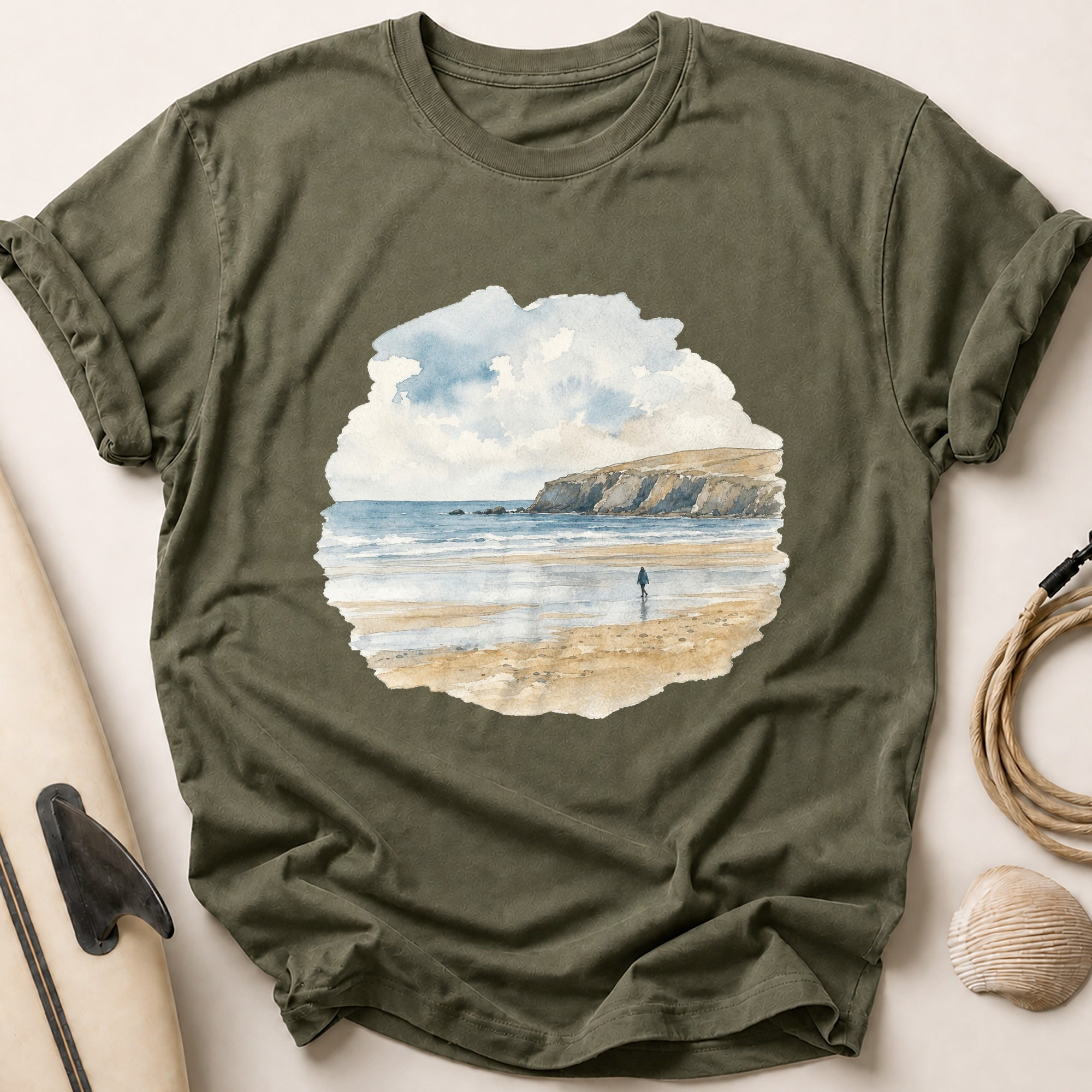 Watercolour Beach Bands Tee - Olive