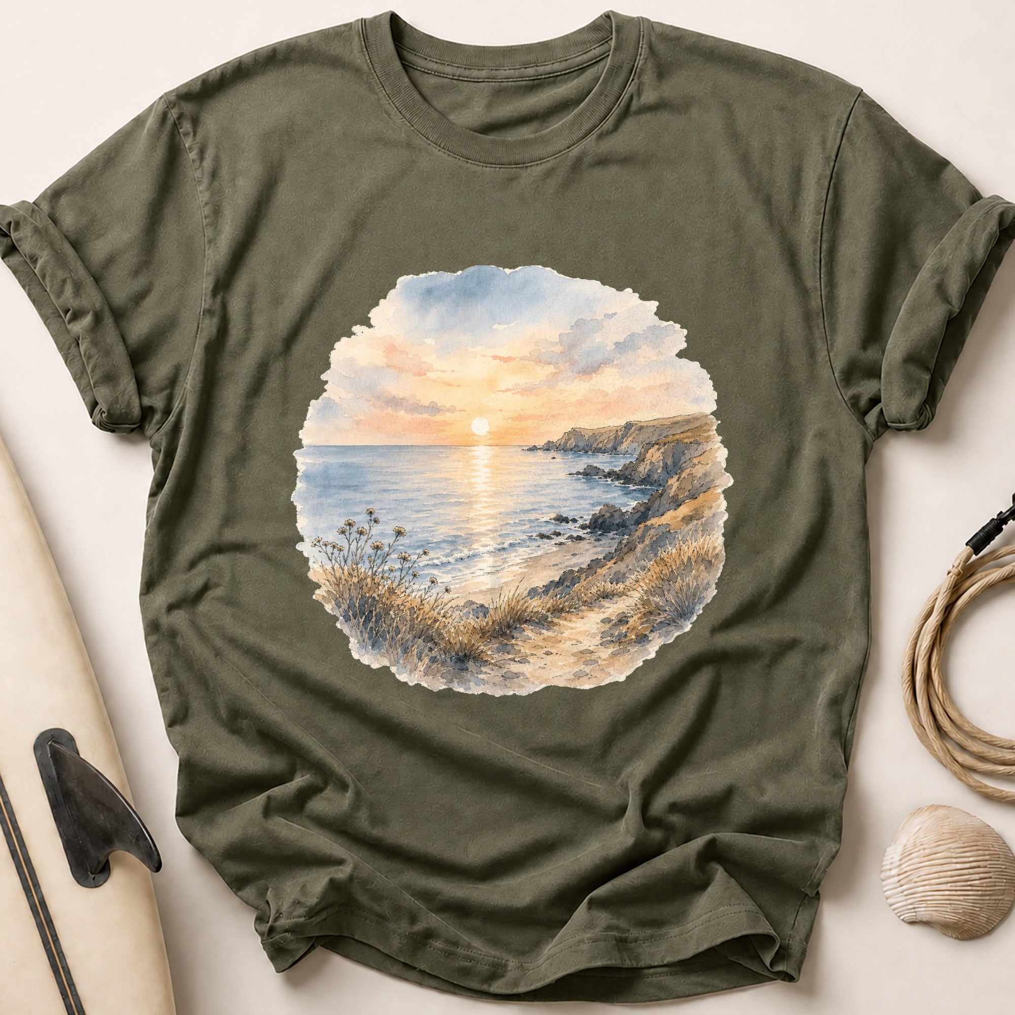 Watercolour Sunset Sea Tee - Olive