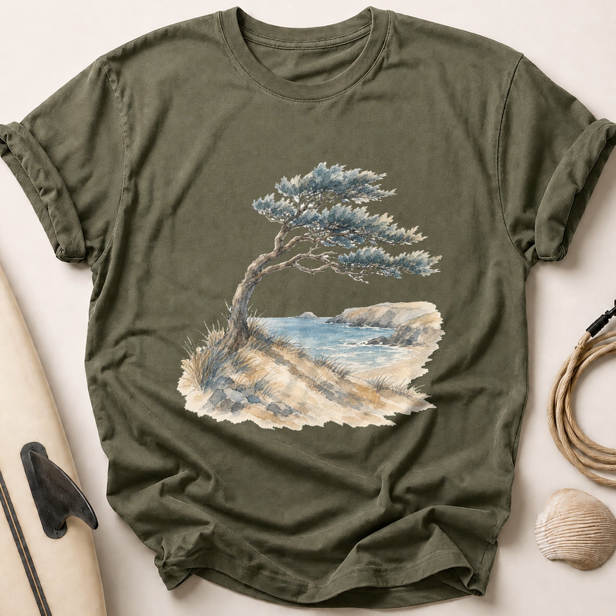 Watercolour Windswept Pine Tee - Olive