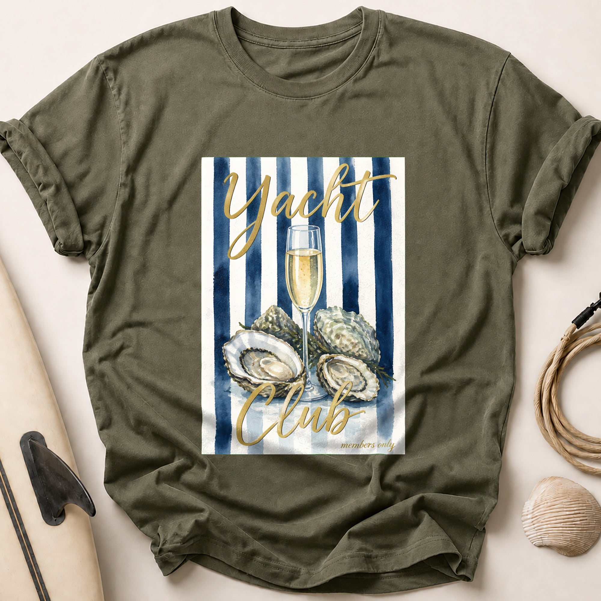Yacht Club Champagne Oysters Members Tee - Olive