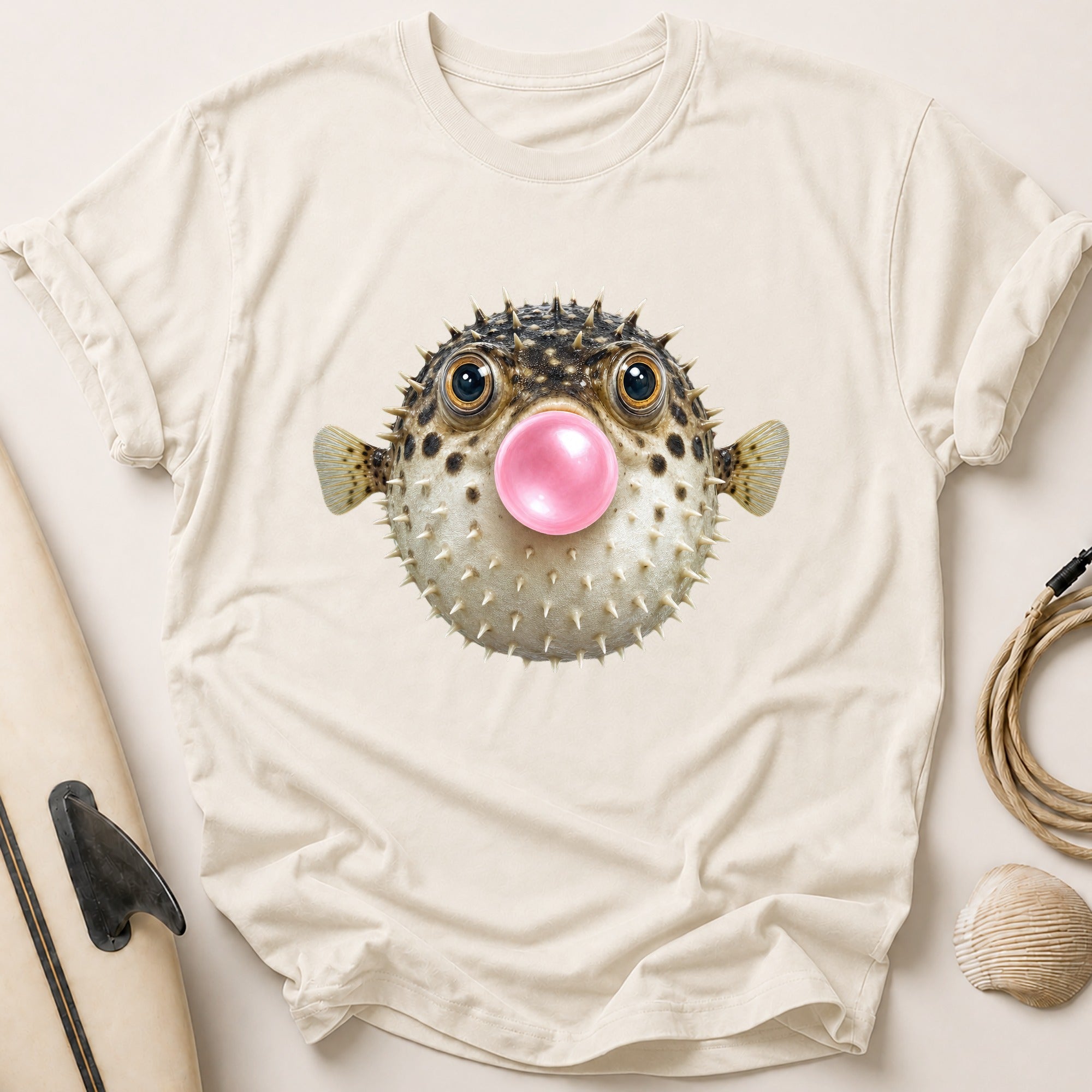 Bubble Blowing Pufferfish Tee - Stone