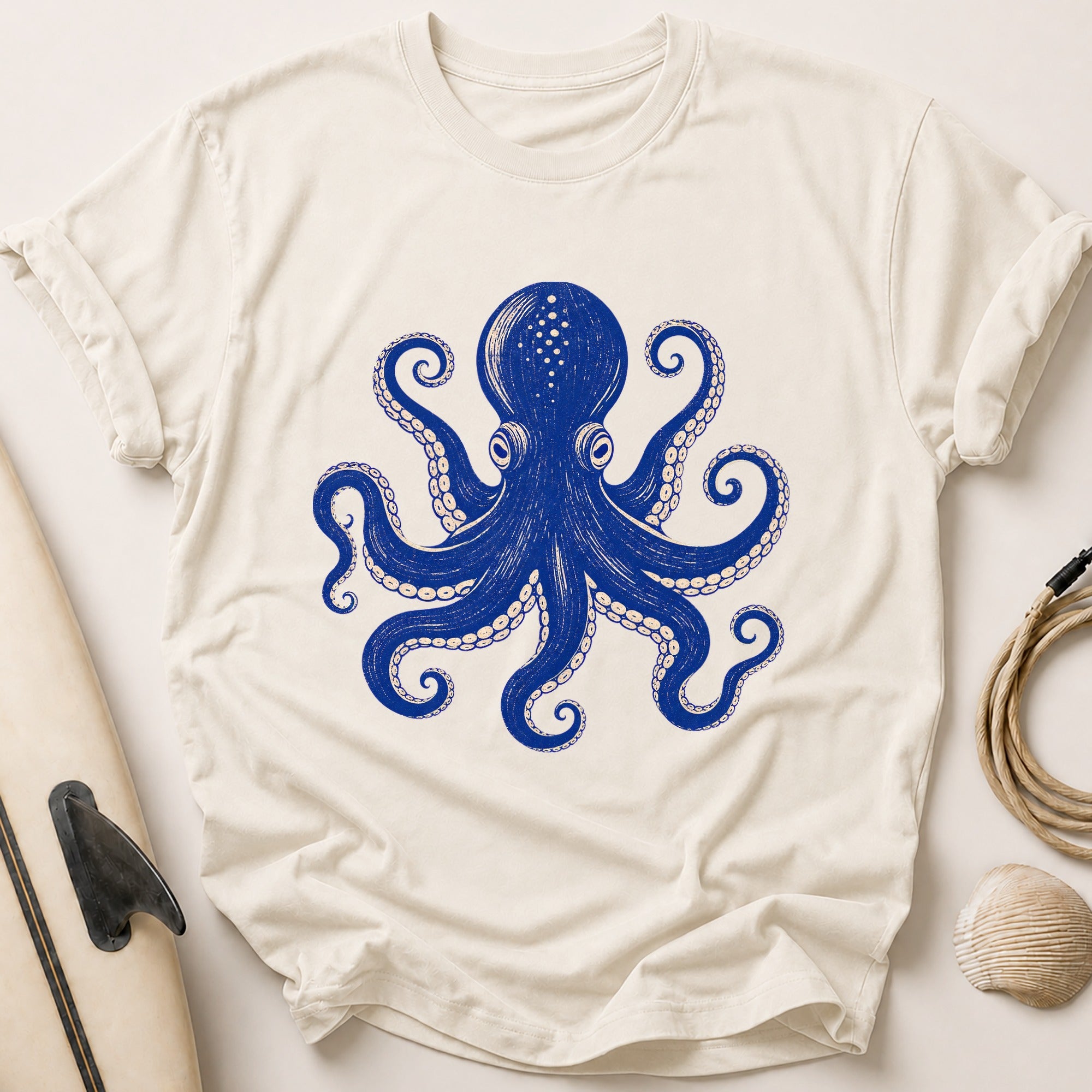 Deep Blue Octopus Tee - Stone