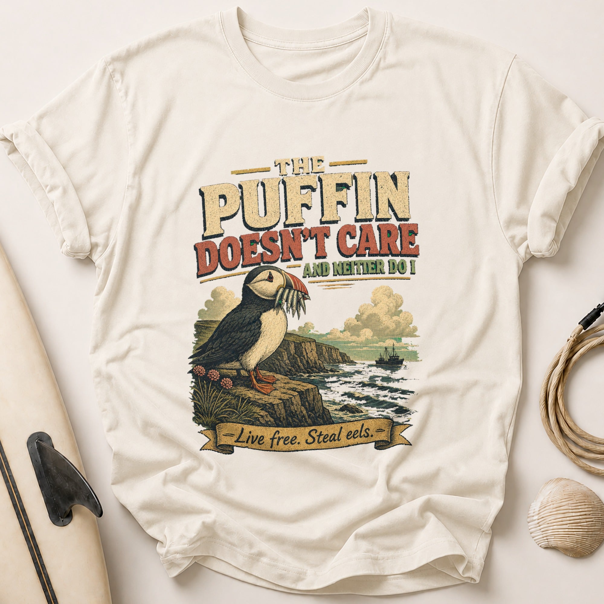Puffin Doesn't Care Tee - Stone